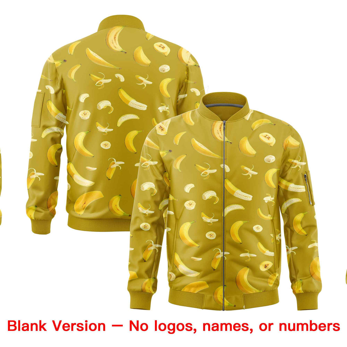 Custom Old Gold Varsity Full-Zip Banana Pattern Letterman Bomber Jacket | Graffiti Pattern | Embroidery&amp;Dye-sublimation printing | KXKSHOP