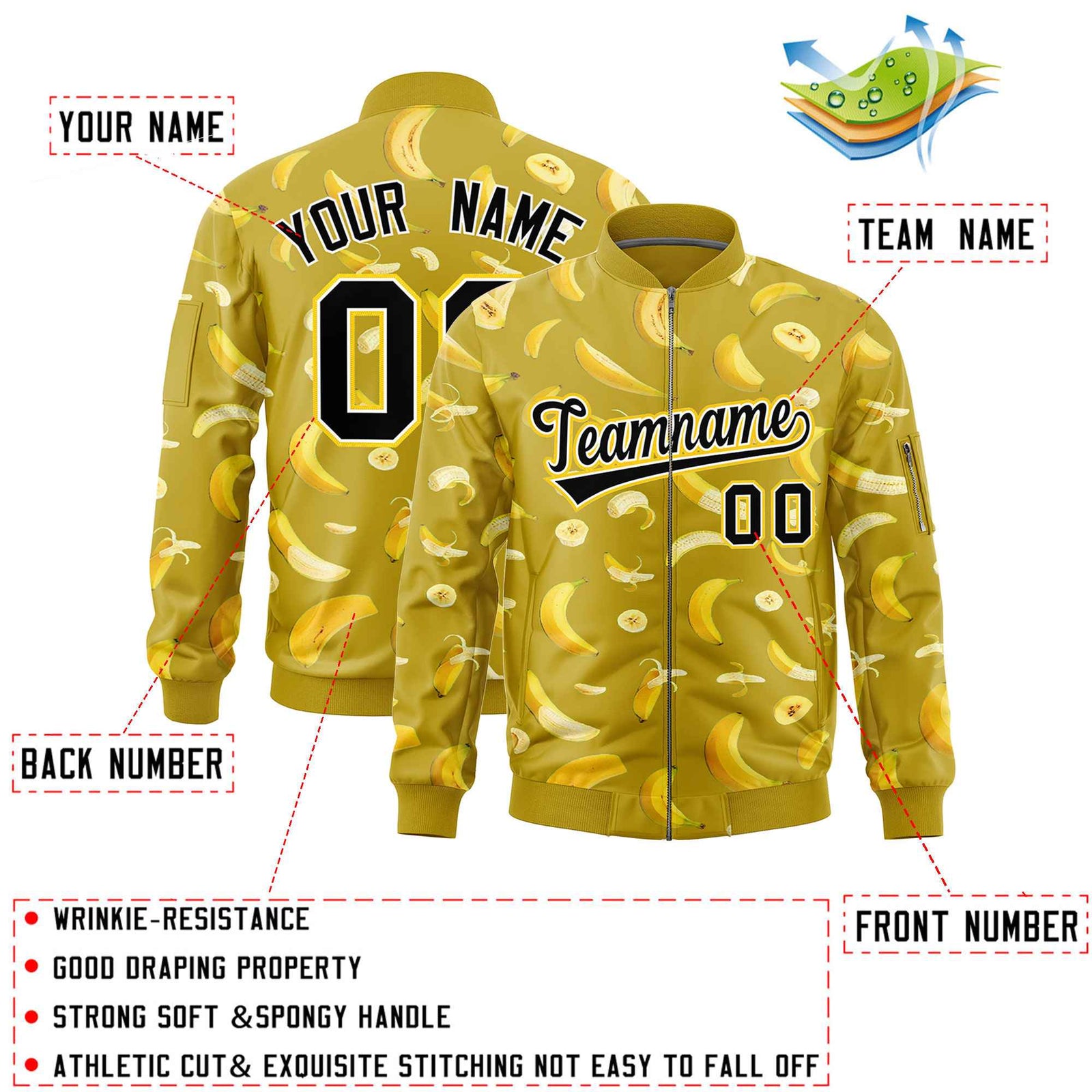 Custom Old Gold Varsity Full-Zip Banana Pattern Letterman Bomber Jacket | Graffiti Pattern | Embroidery&Dye-sublimation printing | KXKSHOP