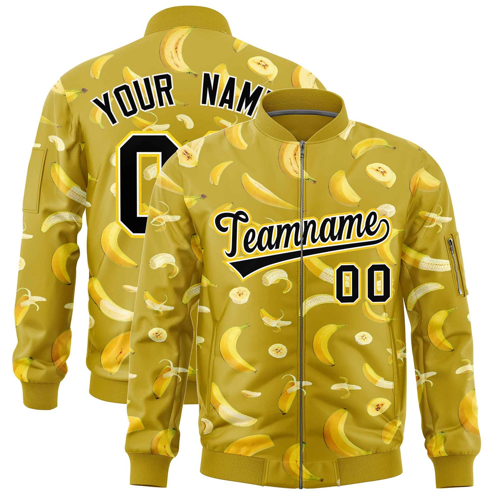 Custom Old Gold Varsity Full-Zip Banana Pattern Letterman Bomber Jacket | Graffiti Pattern | Embroidery&Dye-sublimation printing | KXKSHOP