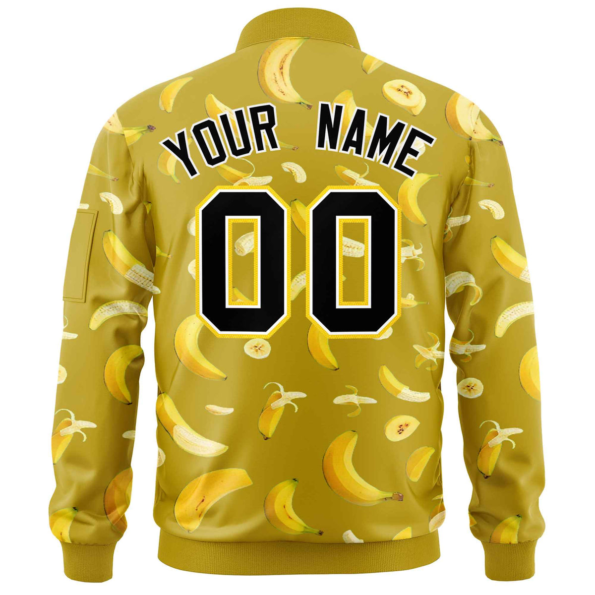 Custom Old Gold Varsity Full-Zip Banana Pattern Letterman Bomber Jacket | Graffiti Pattern | Embroidery&amp;Dye-sublimation printing | KXKSHOP