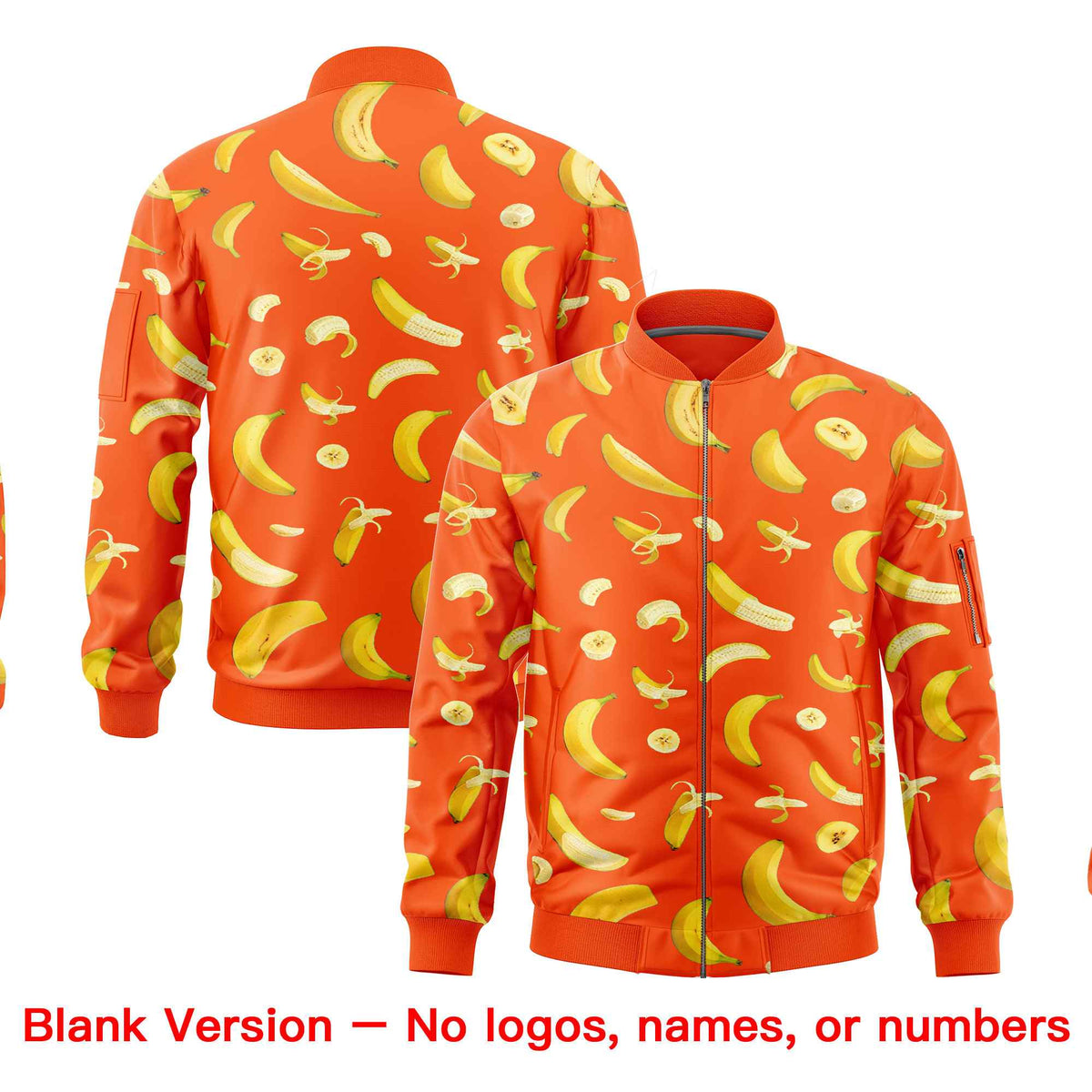 Custom Orange Varsity Full-Zip Banana Pattern Letterman Bomber Jacket | Graffiti Pattern | Embroidery&amp;Dye-sublimation printing | KXKSHOP
