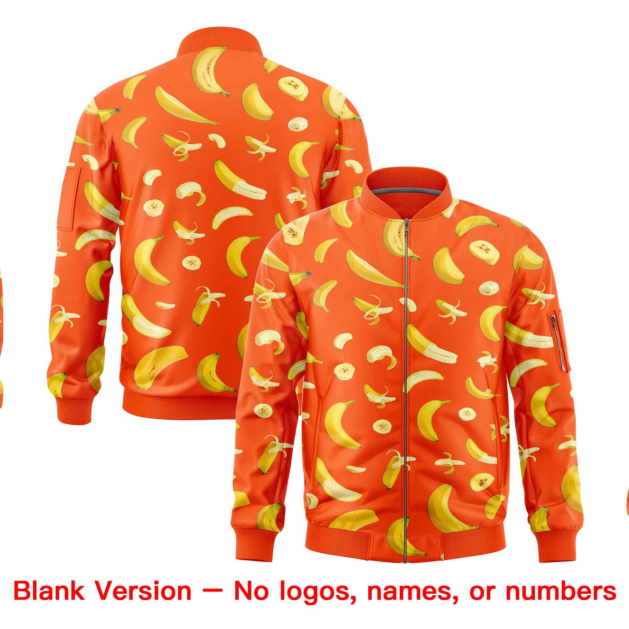 Custom Orange Varsity Full-Zip Banana Pattern Letterman Bomber Jacket | Graffiti Pattern | Embroidery&Dye-sublimation printing | KXKSHOP