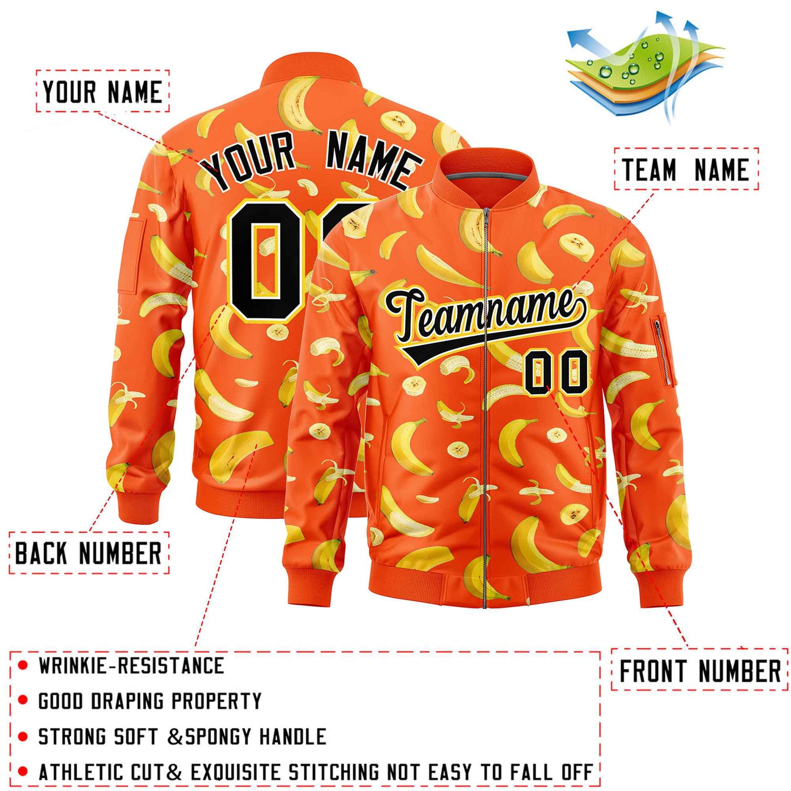 Custom Orange Varsity Full-Zip Banana Pattern Letterman Bomber Jacket | Graffiti Pattern | Embroidery&Dye-sublimation printing | KXKSHOP