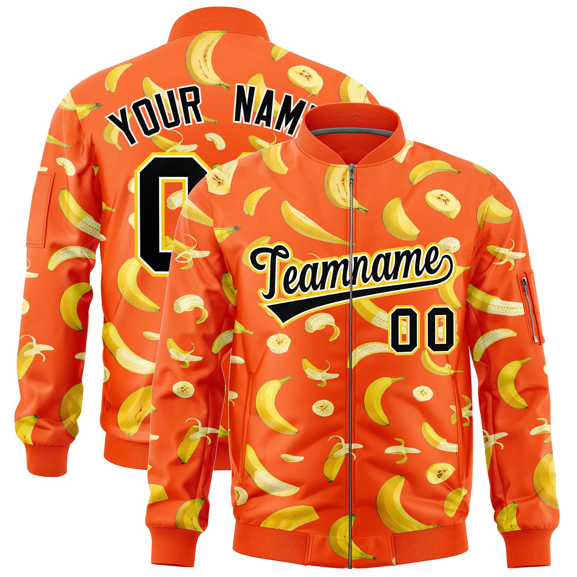 Custom Orange Varsity Full-Zip Banana Pattern Letterman Bomber Jacket | Graffiti Pattern | Embroidery&Dye-sublimation printing | KXKSHOP