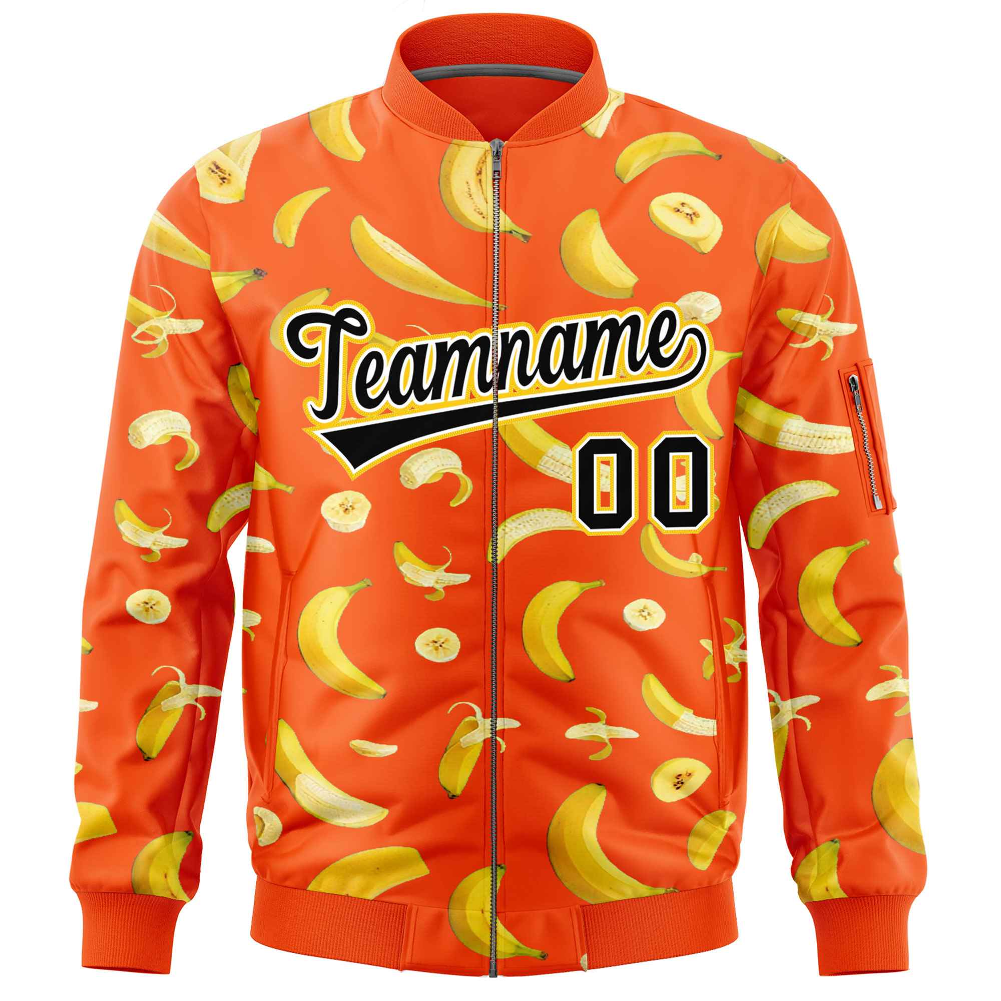 Custom Orange Varsity Full-Zip Banana Pattern Letterman Bomber Jacket | Graffiti Pattern | Embroidery&Dye-sublimation printing | KXKSHOP