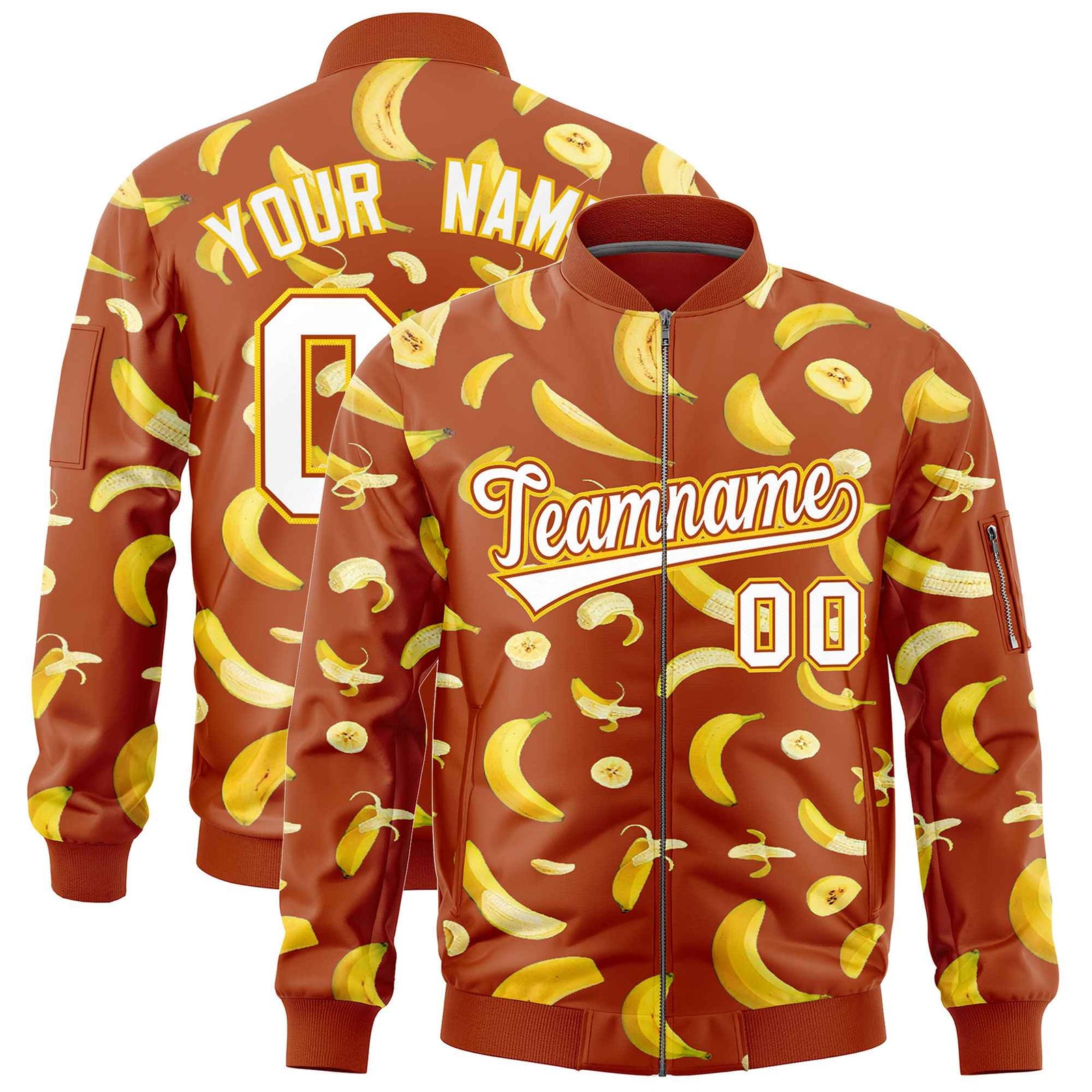 Custom Dark Orange Varsity Full-Zip Banana Pattern Letterman Bomber Jacket | Graffiti Pattern | Embroidery&Dye-sublimation printing | KXKSHOP
