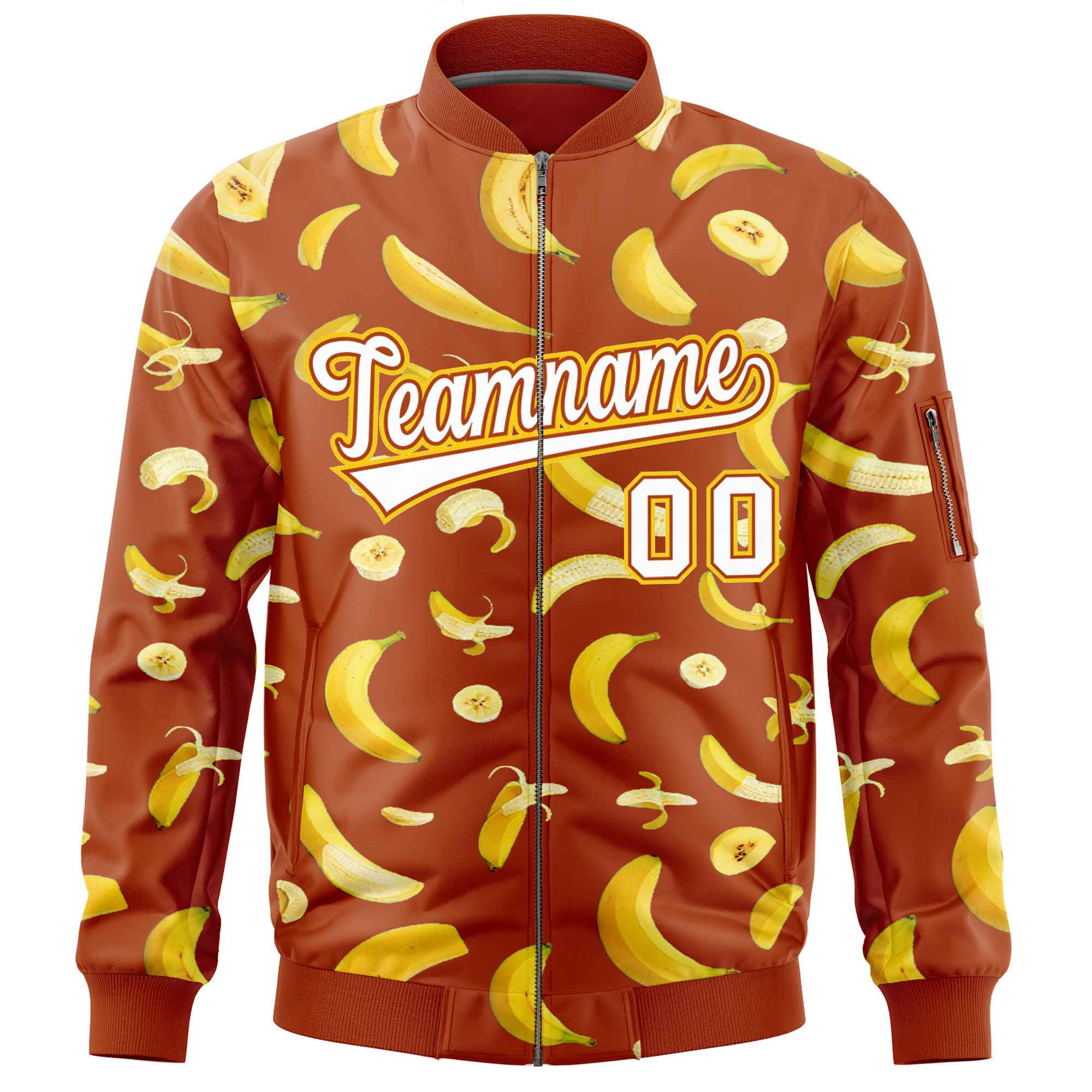 Custom Dark Orange Varsity Full-Zip Banana Pattern Letterman Bomber Jacket | Graffiti Pattern | Embroidery&Dye-sublimation printing | KXKSHOP