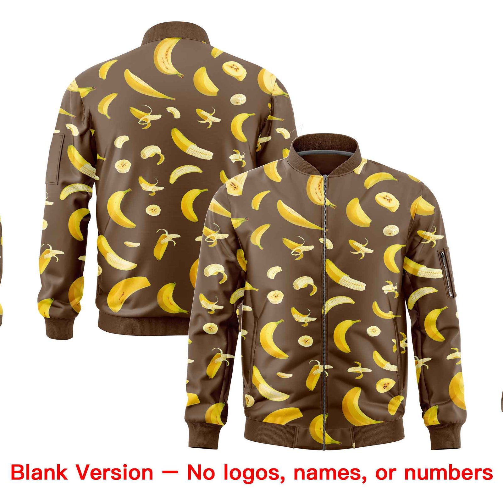 Custom Light Brown Varsity Full-Zip Banana Pattern Letterman Bomber Jacket | Graffiti Pattern | Embroidery&Dye-sublimation printing | KXKSHOP