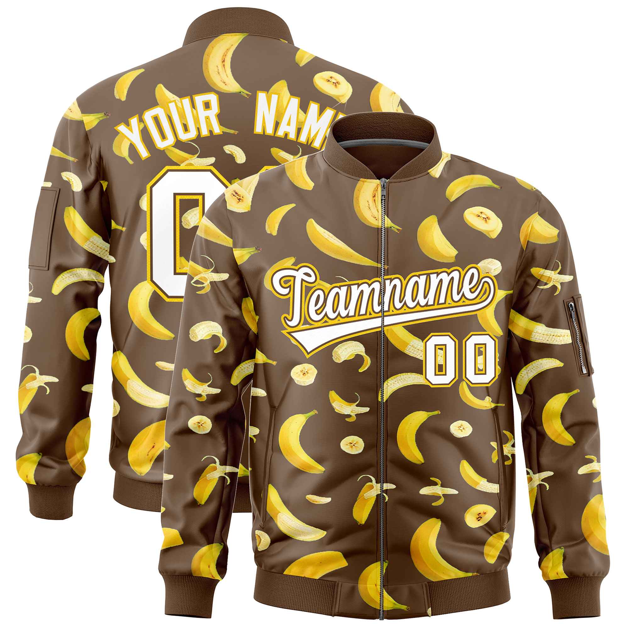 Custom Light Brown Varsity Full-Zip Banana Pattern Letterman Bomber Jacket | Graffiti Pattern | Embroidery&Dye-sublimation printing | KXKSHOP