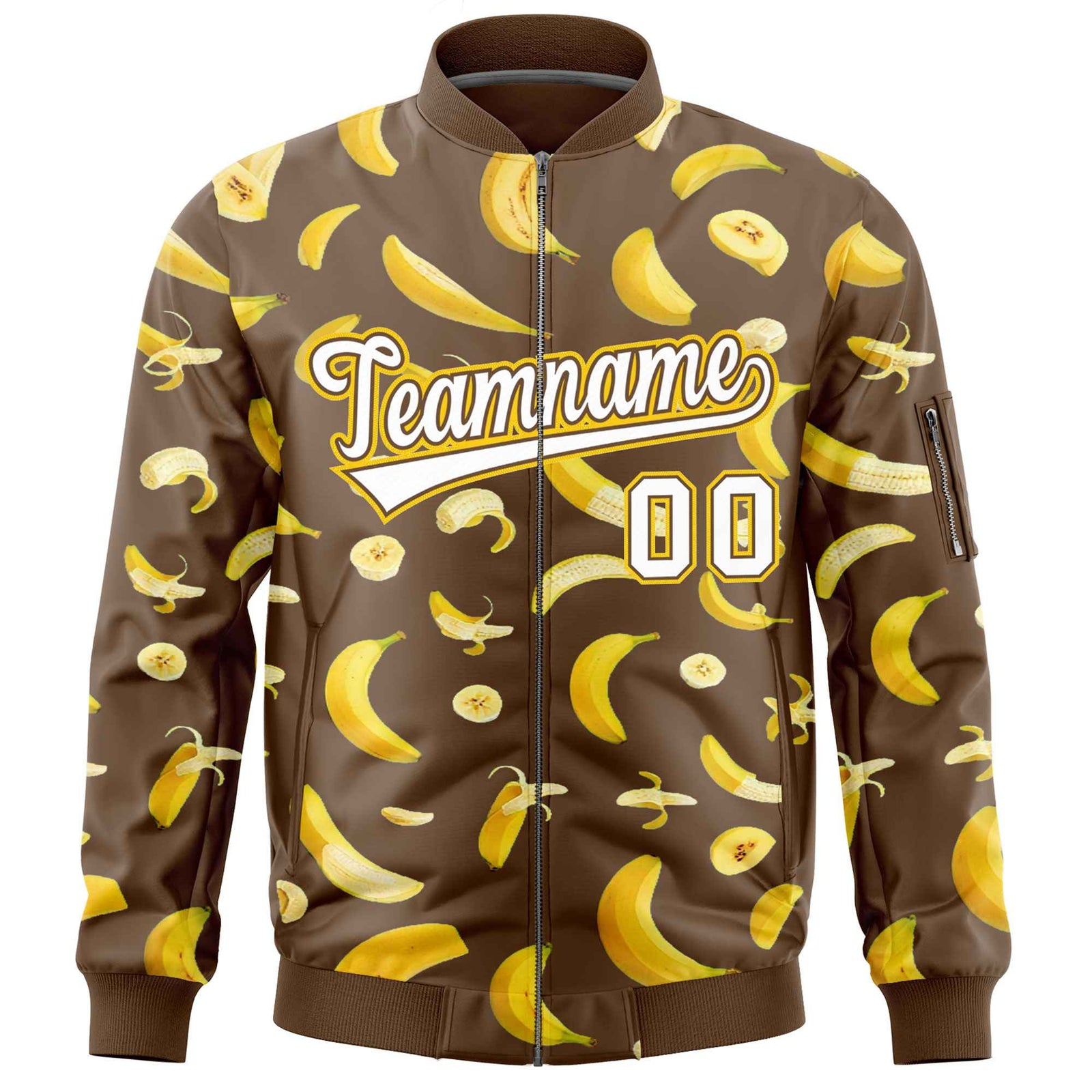 Custom Light Brown Varsity Full-Zip Banana Pattern Letterman Bomber Jacket | Graffiti Pattern | Embroidery&Dye-sublimation printing | KXKSHOP