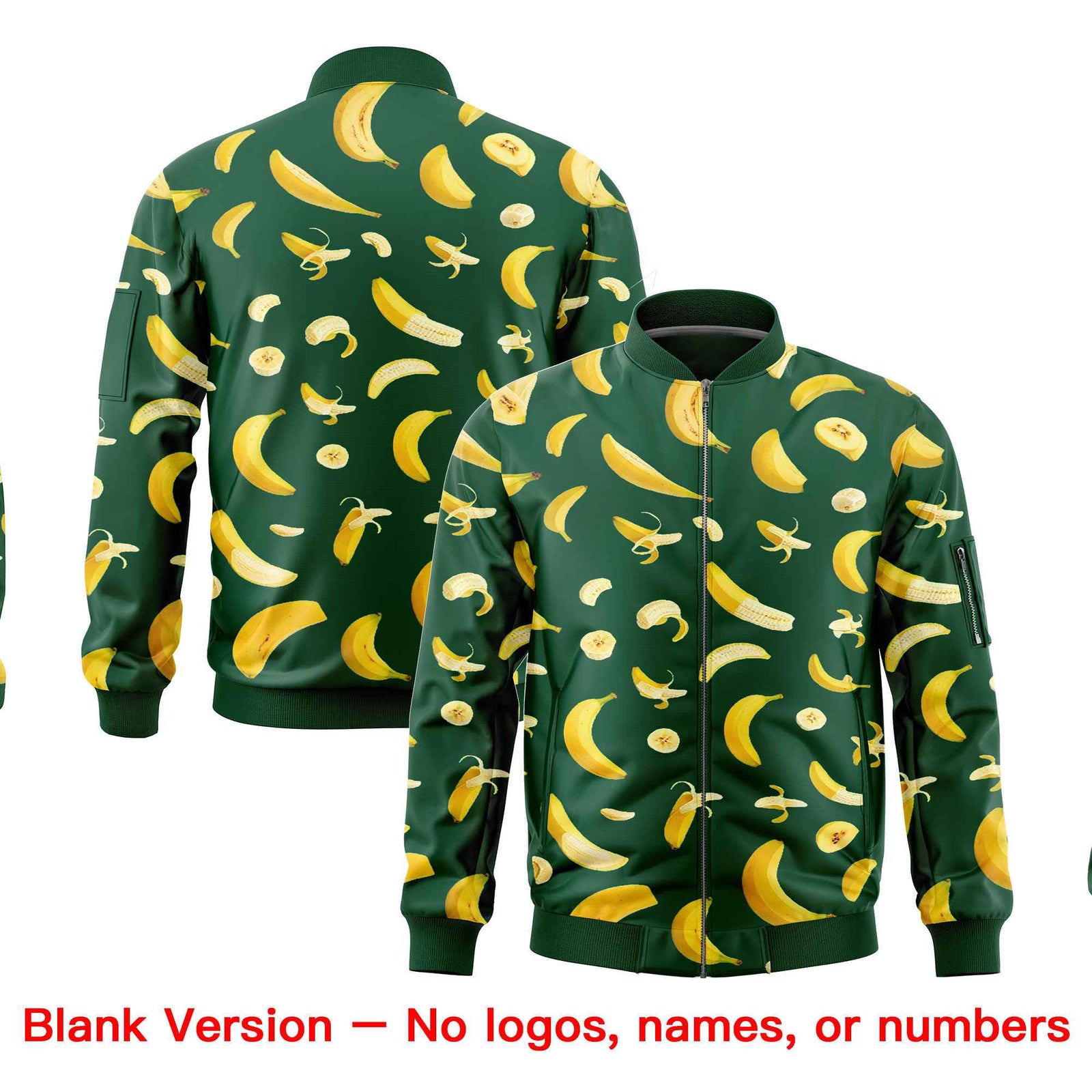 Custom Green Varsity Full-Zip Banana Pattern Letterman Bomber Jacket | Graffiti Pattern | Embroidery&Dye-sublimation printing | KXKSHOP