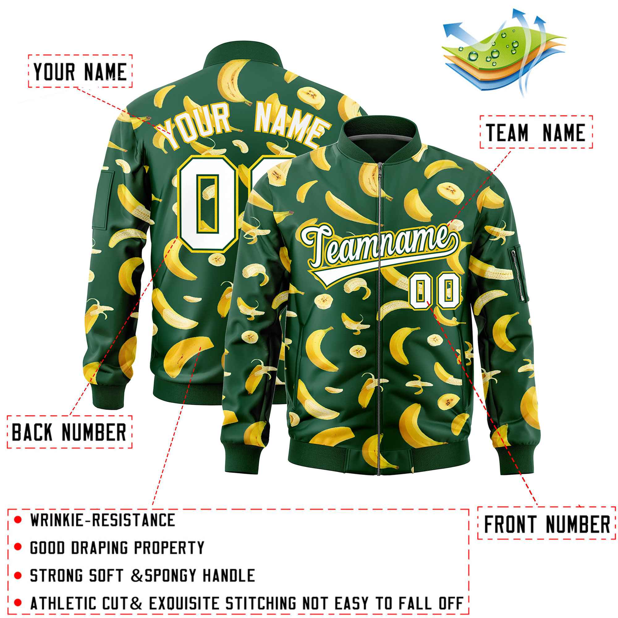 Custom Green Varsity Full-Zip Banana Pattern Letterman Bomber Jacket | Graffiti Pattern | Embroidery&Dye-sublimation printing | KXKSHOP