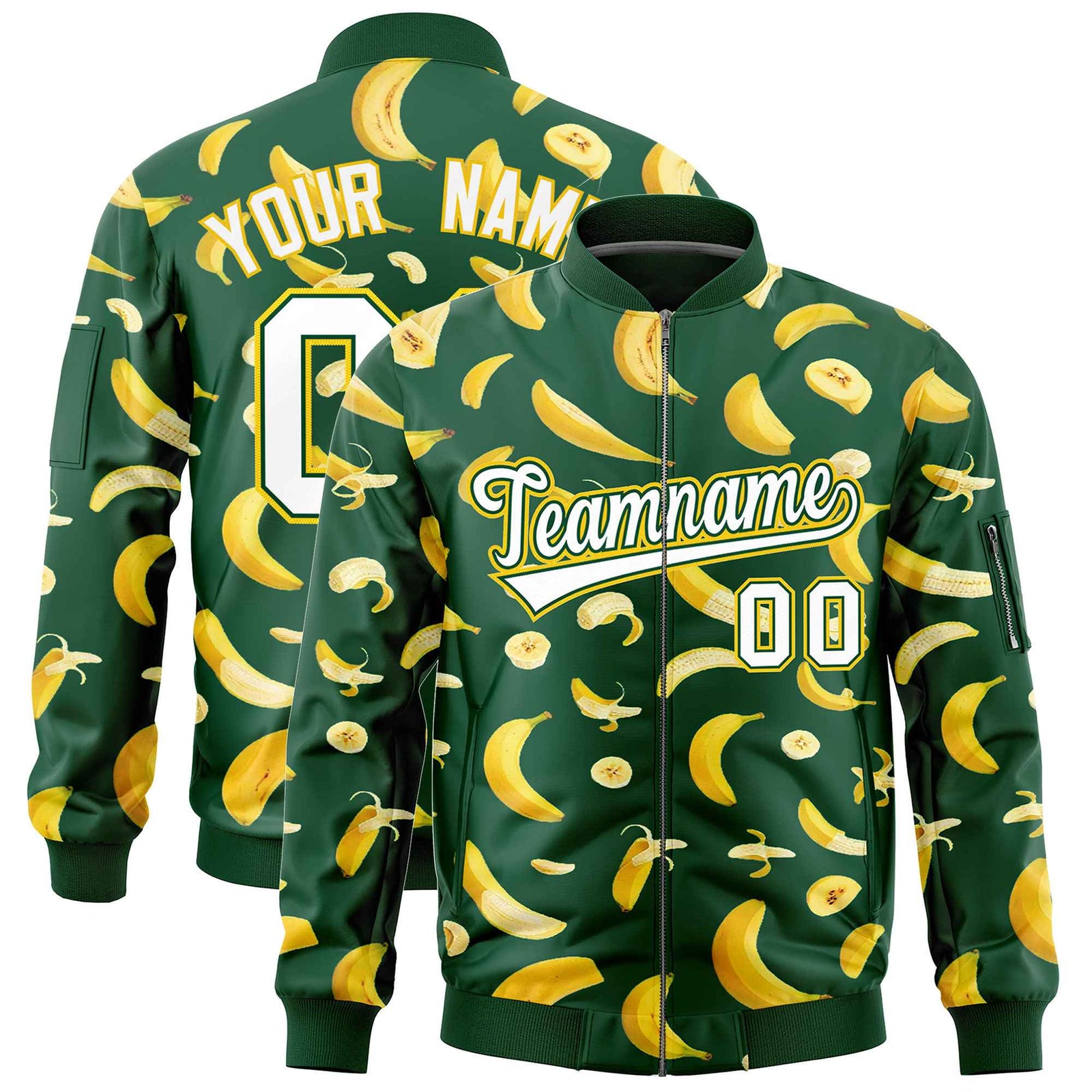 Custom Green Varsity Full-Zip Banana Pattern Letterman Bomber Jacket | Graffiti Pattern | Embroidery&Dye-sublimation printing | KXKSHOP