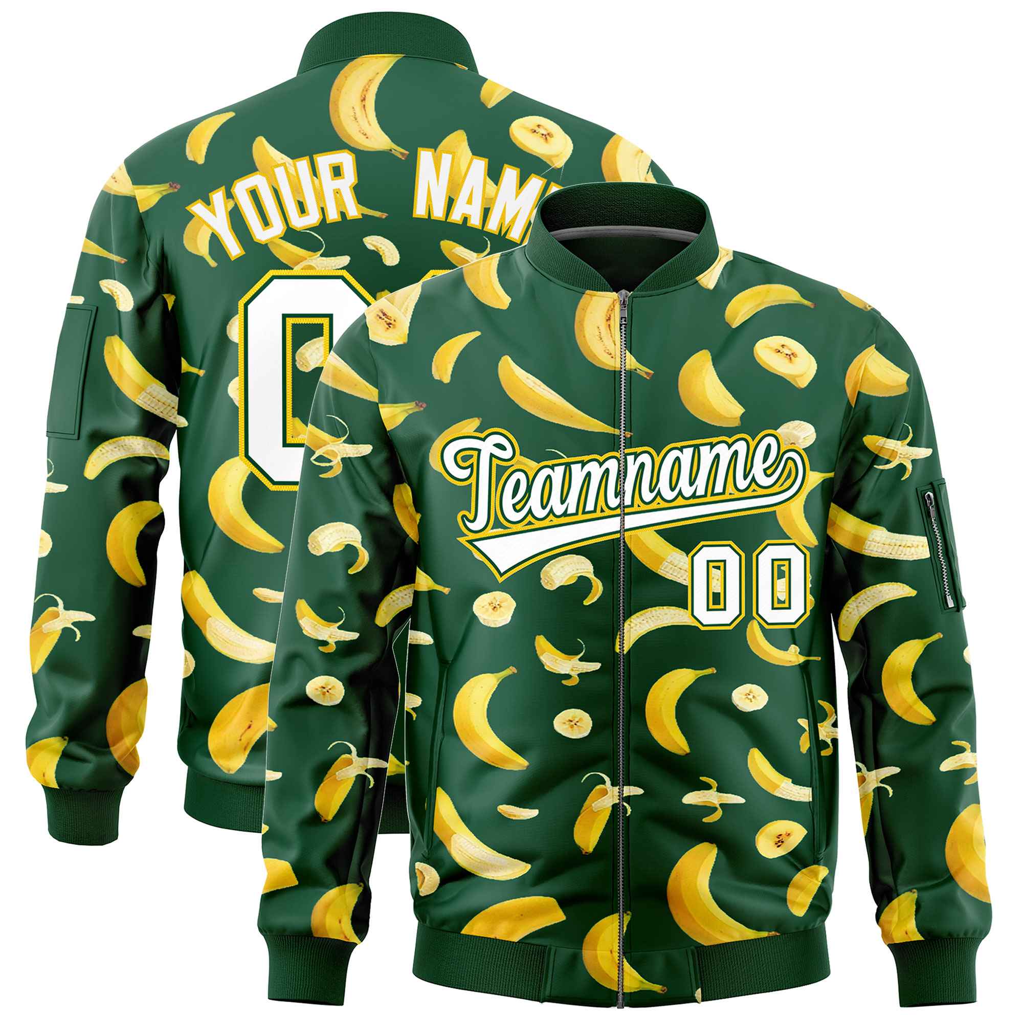 Custom Green Varsity Full-Zip Banana Pattern Letterman Bomber Jacket | Graffiti Pattern | Embroidery&Dye-sublimation printing | KXKSHOP