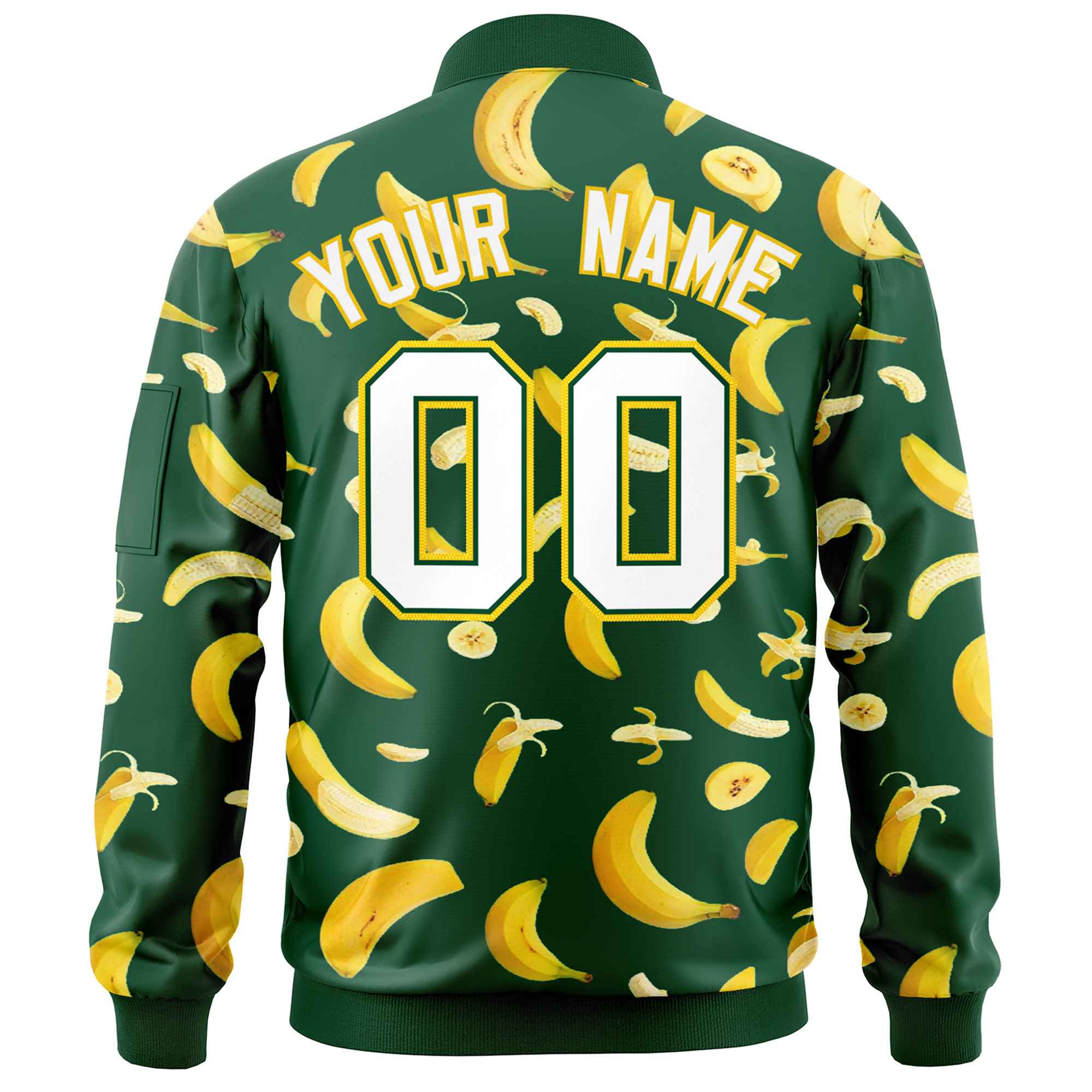 Custom Green Varsity Full-Zip Banana Pattern Letterman Bomber Jacket | Graffiti Pattern | Embroidery&Dye-sublimation printing | KXKSHOP