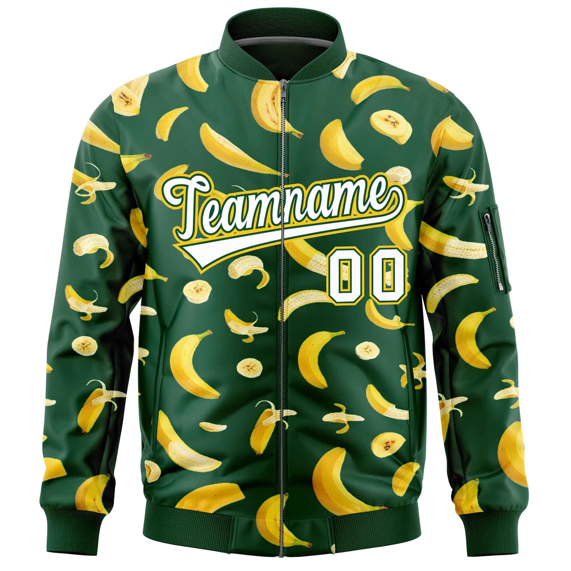 Custom Green Varsity Full-Zip Banana Pattern Letterman Bomber Jacket | Graffiti Pattern | Embroidery&Dye-sublimation printing | KXKSHOP