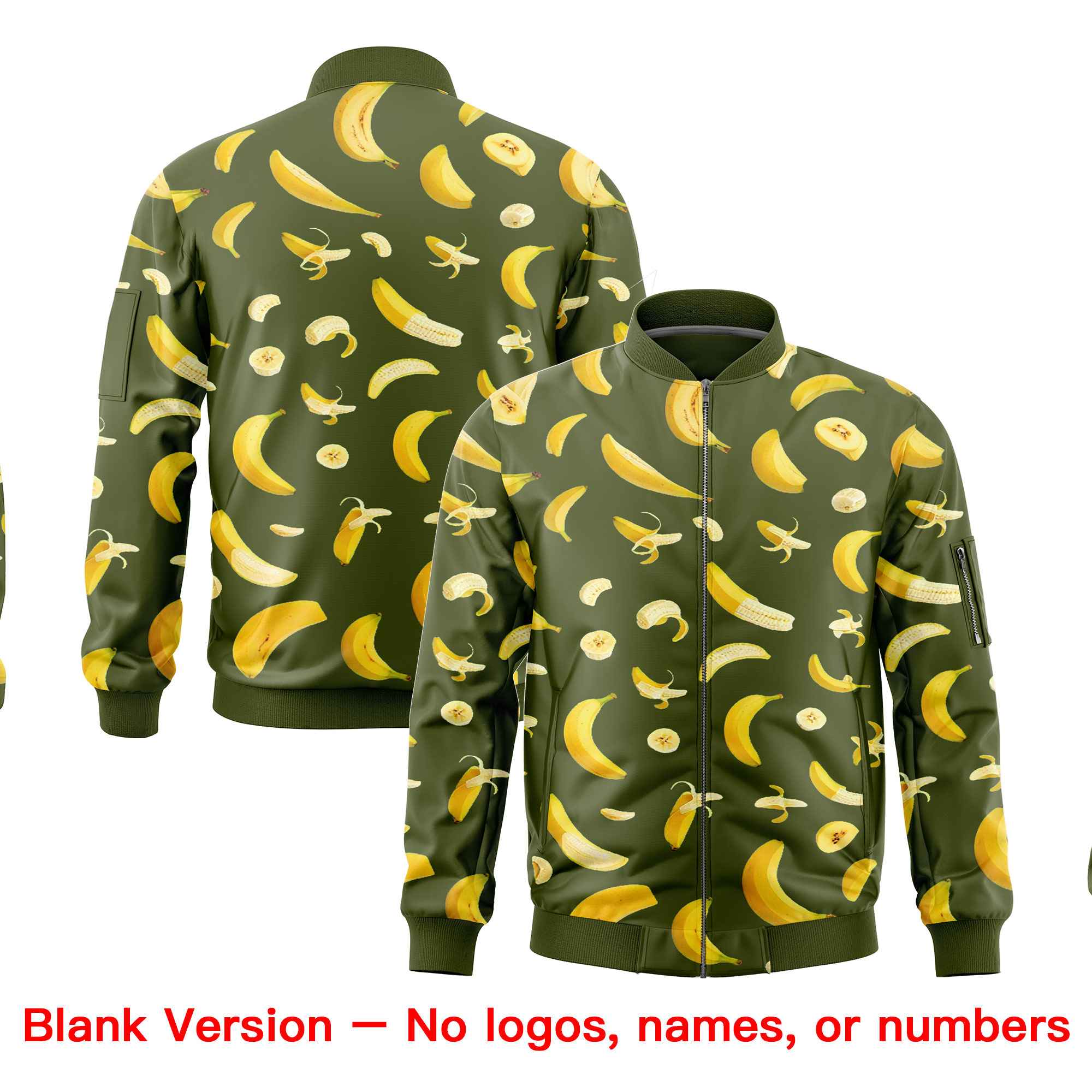 Custom Olive Varsity Full-Zip Banana Pattern Letterman Bomber Jacket | Graffiti Pattern | Embroidery&Dye-sublimation printing | KXKSHOP