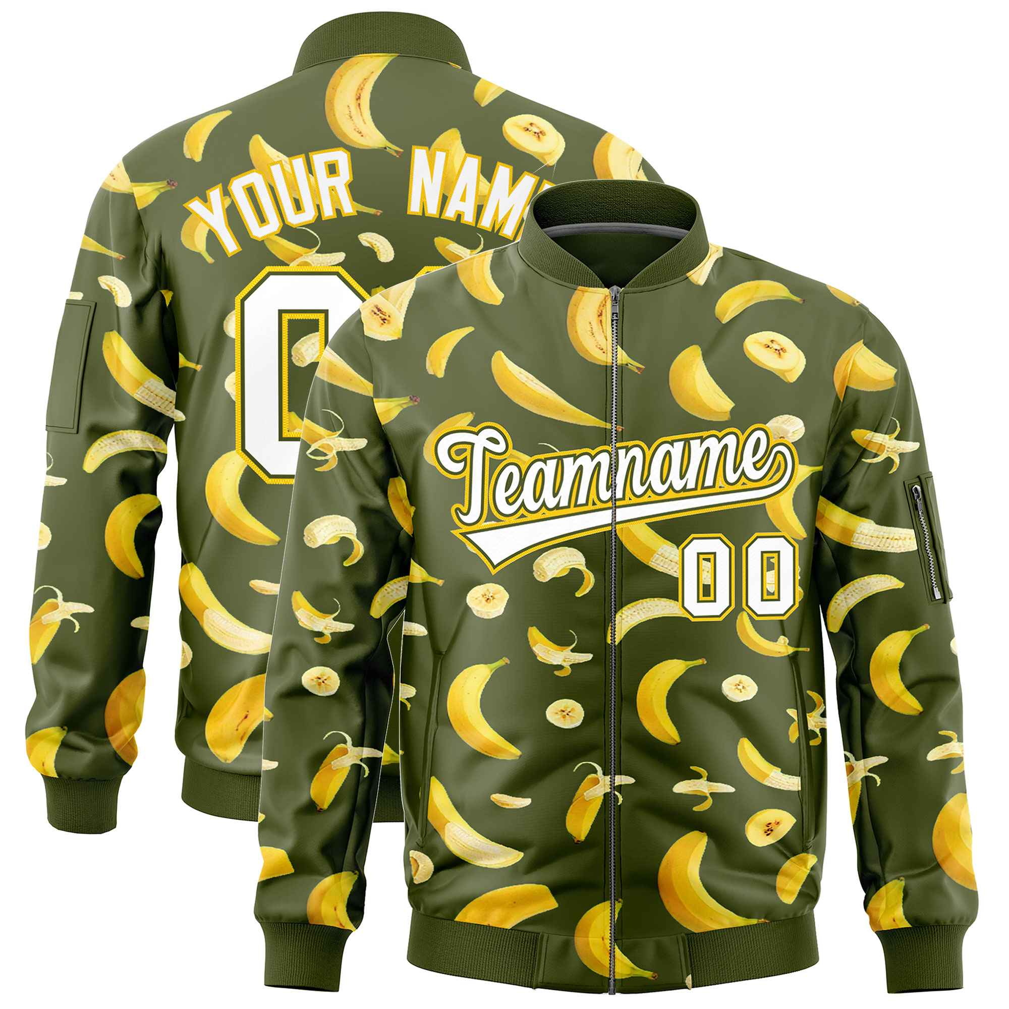 Custom Olive Varsity Full-Zip Banana Pattern Letterman Bomber Jacket | Graffiti Pattern | Embroidery&Dye-sublimation printing | KXKSHOP