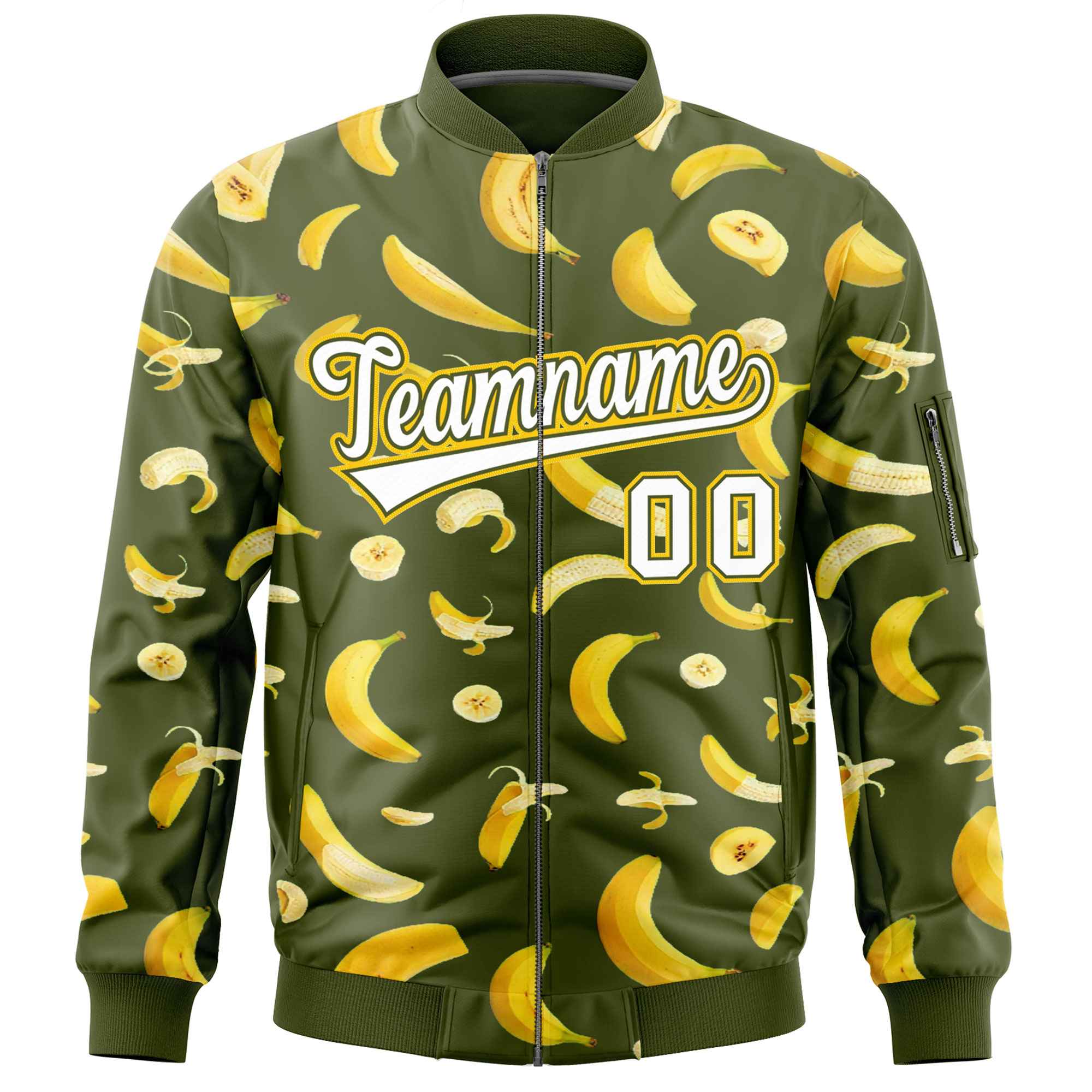 Custom Olive Varsity Full-Zip Banana Pattern Letterman Bomber Jacket | Graffiti Pattern | Embroidery&Dye-sublimation printing | KXKSHOP