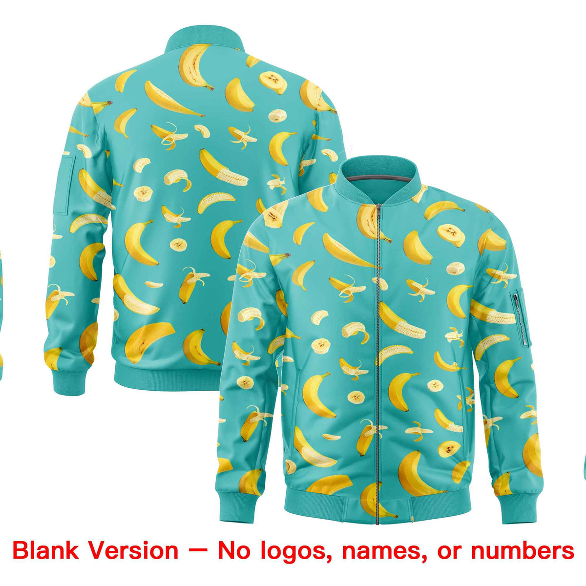Custom Teal Varsity Full-Zip Banana Pattern Letterman Bomber Jacket | Graffiti Pattern | Embroidery&amp;Dye-sublimation printing | KXKSHOP