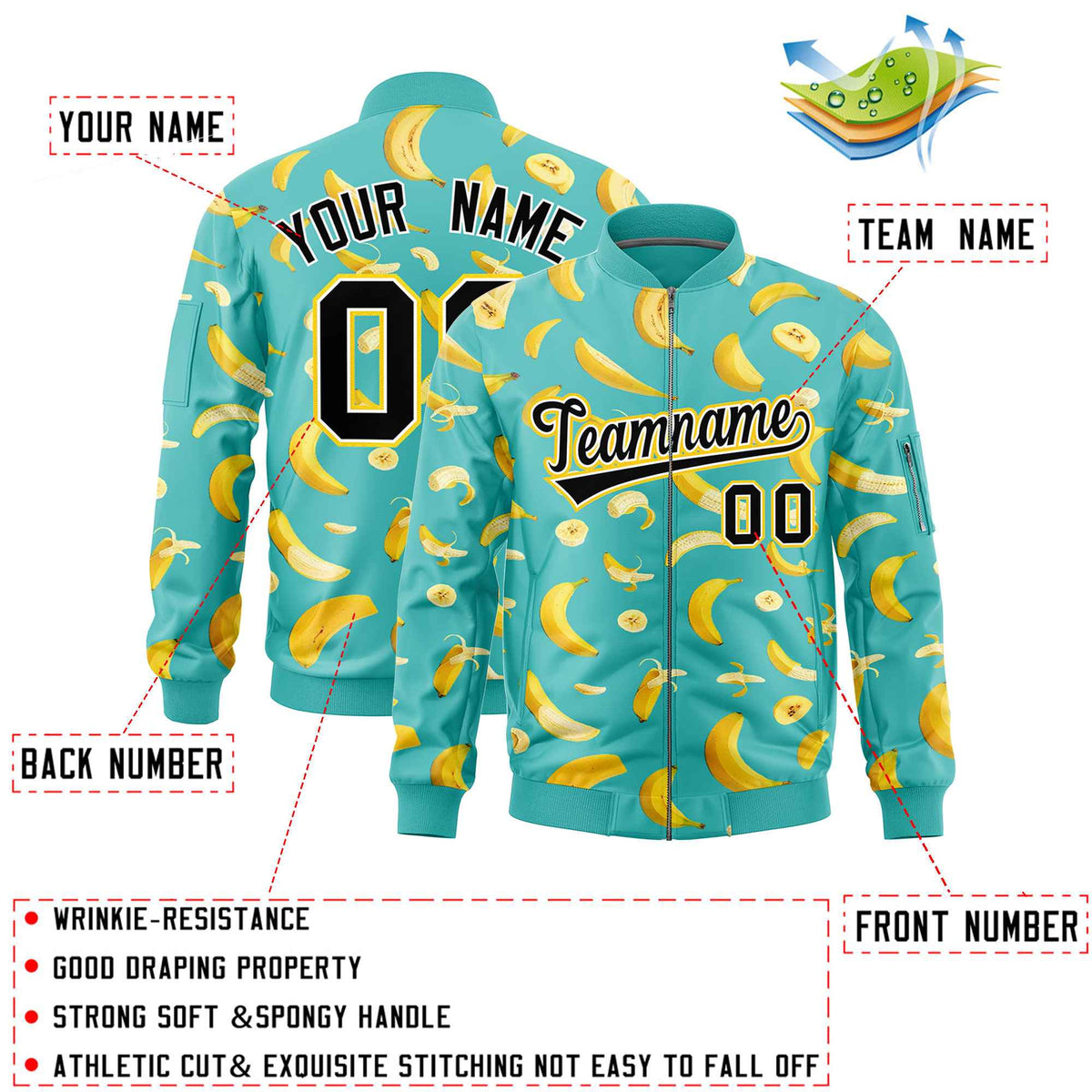 Custom Teal Varsity Full-Zip Banana Pattern Letterman Bomber Jacket | Graffiti Pattern | Embroidery&amp;Dye-sublimation printing | KXKSHOP