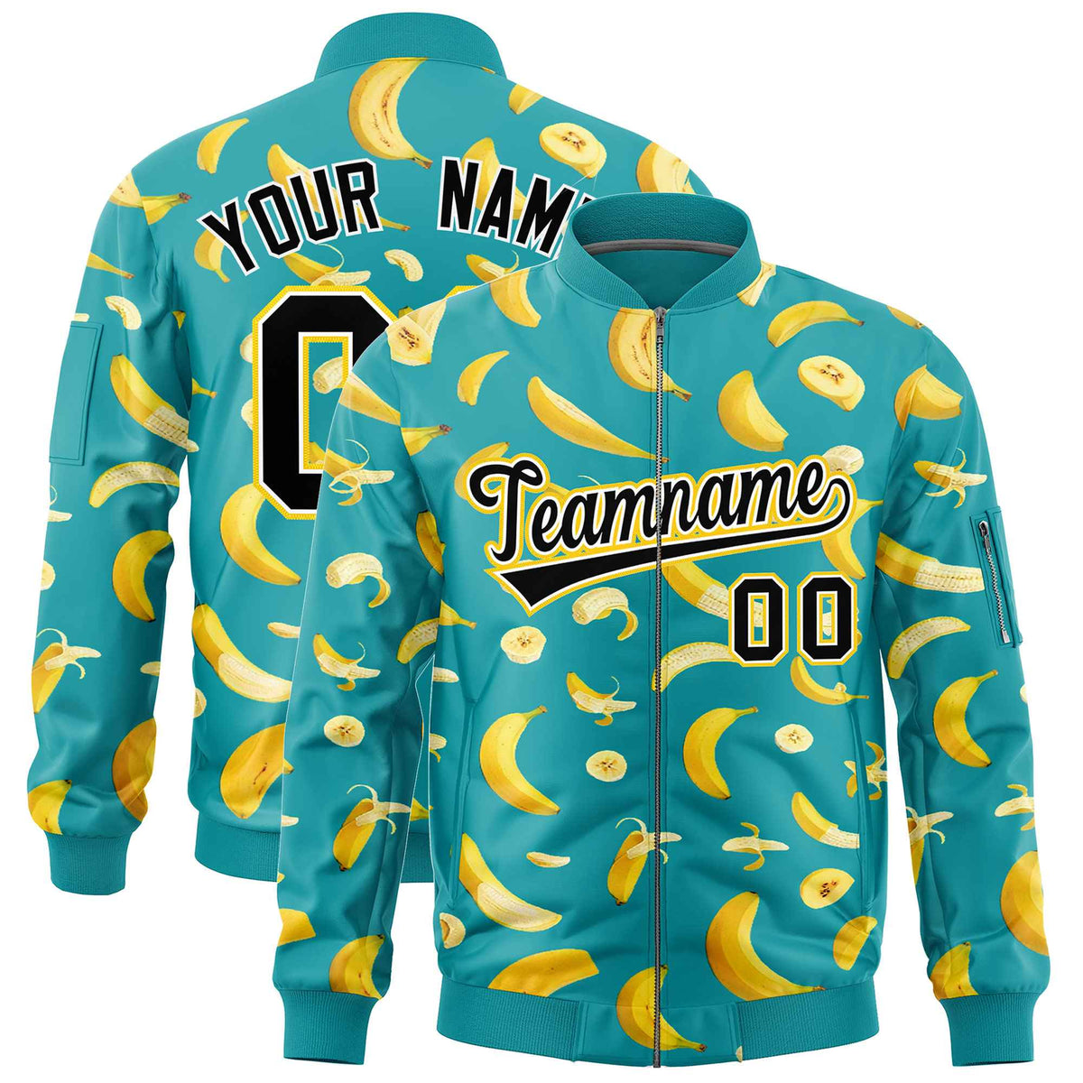 Custom Aqua Varsity Full-Zip Banana Pattern Letterman Bomber Jacket | Graffiti Pattern | Embroidery&amp;Dye-sublimation printing | KXKSHOP