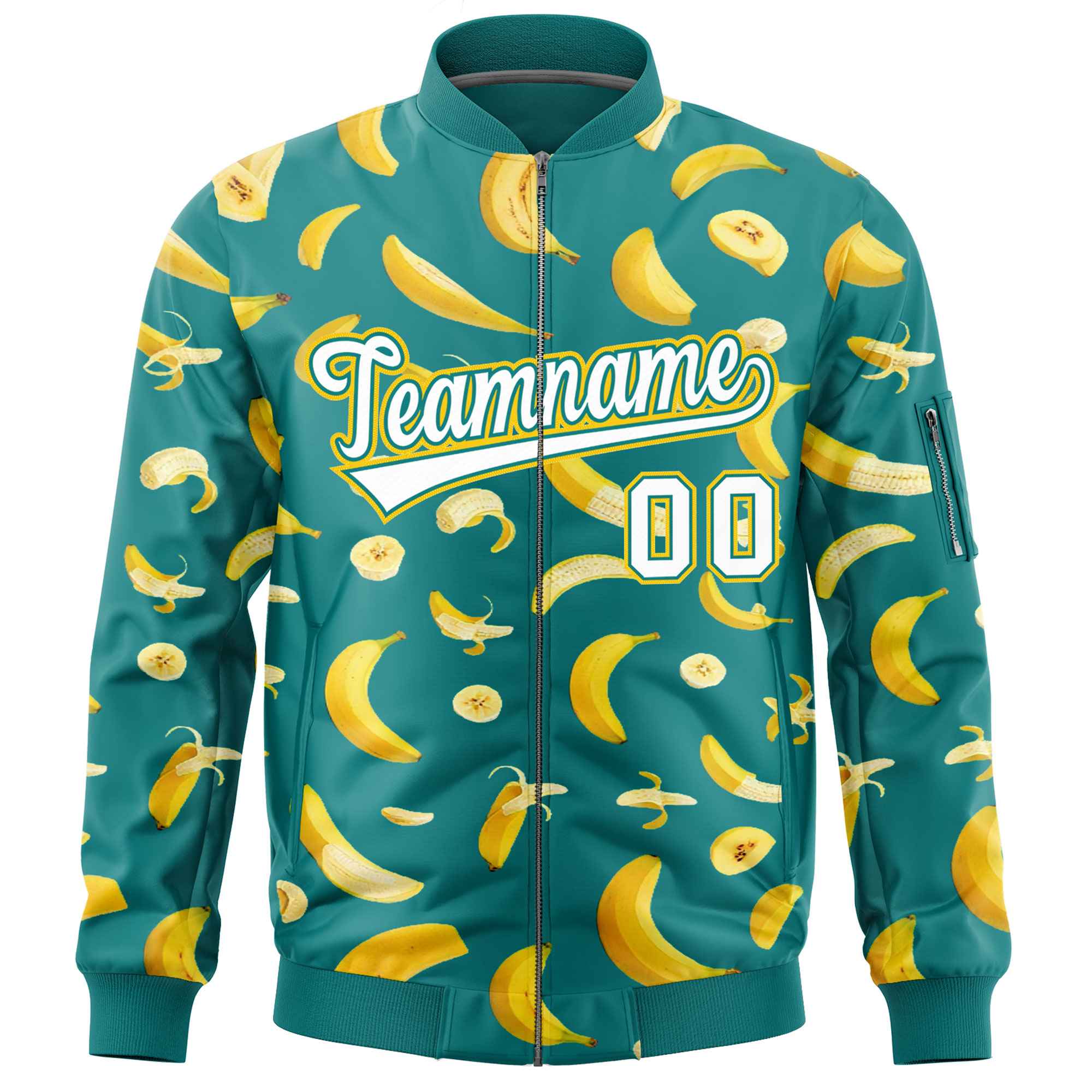 Custom Teal Varsity Full-Zip Banana Pattern Letterman Bomber Jacket | Graffiti Pattern | Embroidery&Dye-sublimation printing | KXKSHOP