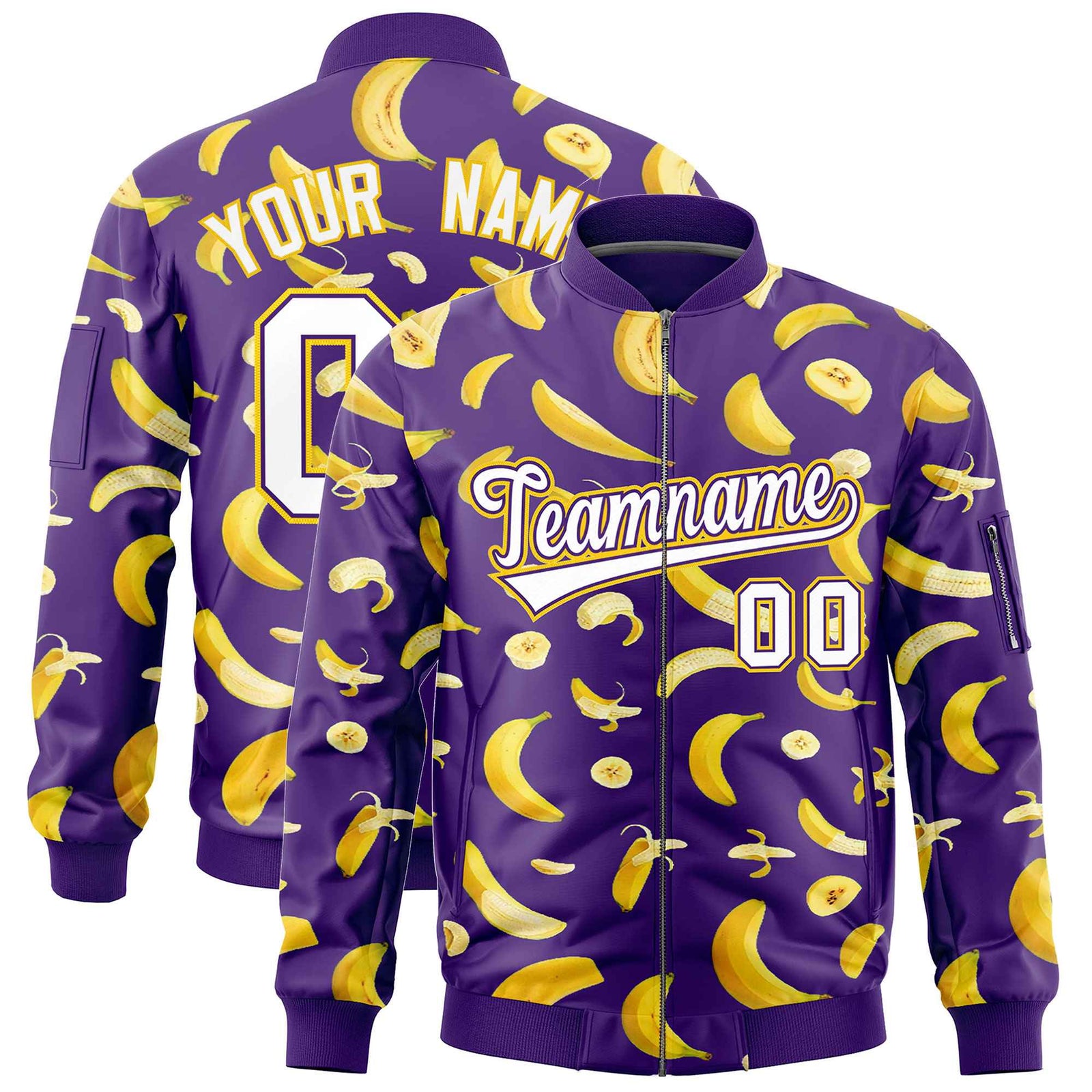 Custom Purple Varsity Full-Zip Banana Pattern Letterman Bomber Jacket | Graffiti Pattern | Embroidery&Dye-sublimation printing | KXKSHOP