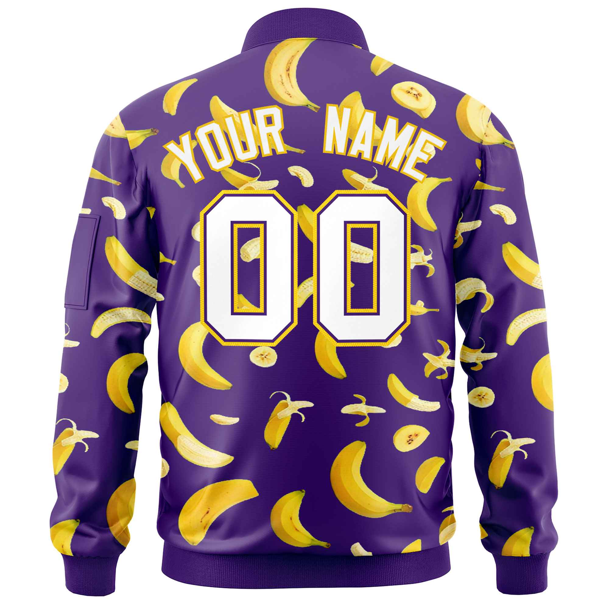 Custom Purple Varsity Full-Zip Banana Pattern Letterman Bomber Jacket | Graffiti Pattern | Embroidery&Dye-sublimation printing | KXKSHOP