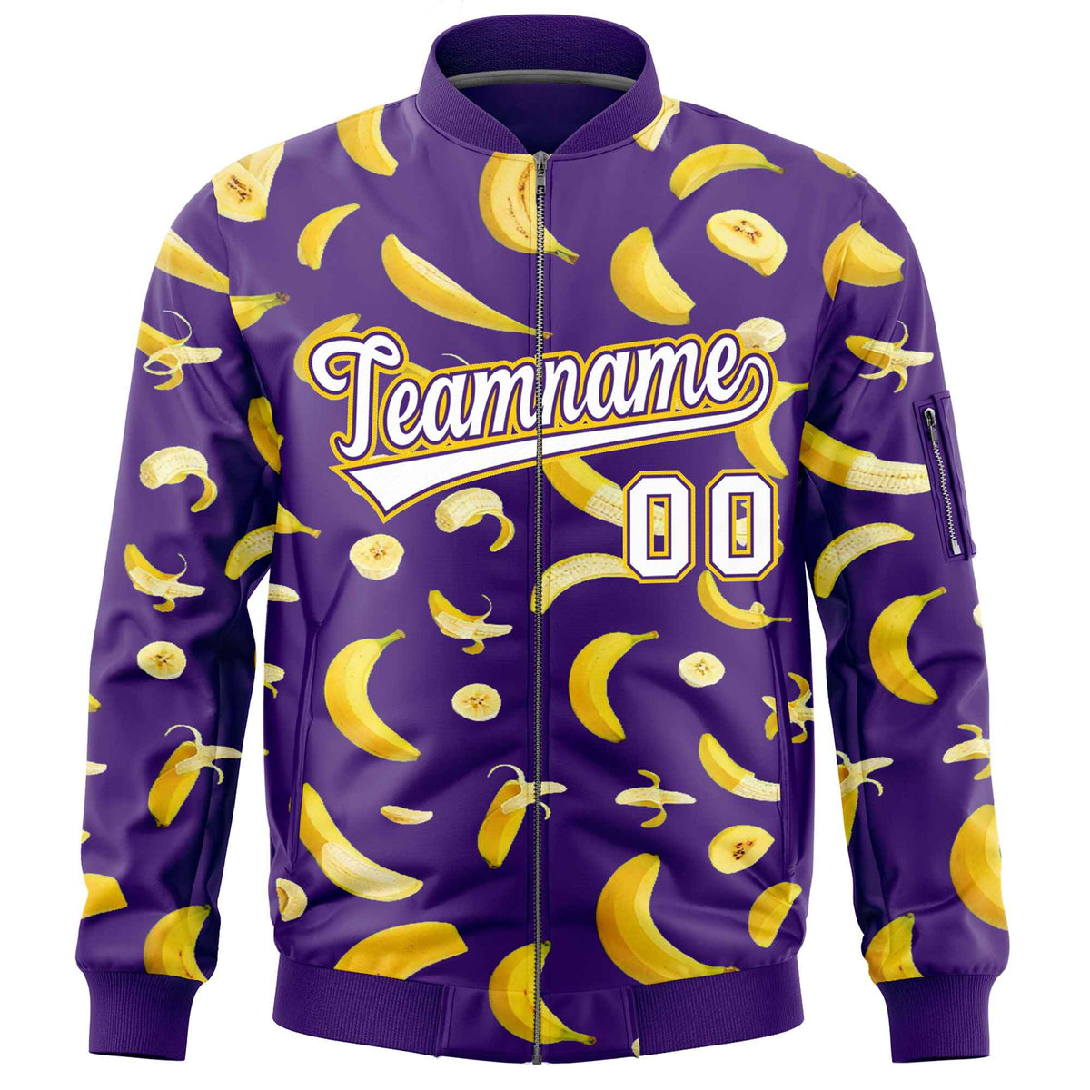 Custom Purple Varsity Full-Zip Banana Pattern Letterman Bomber Jacket | Graffiti Pattern | Embroidery&amp;Dye-sublimation printing | KXKSHOP