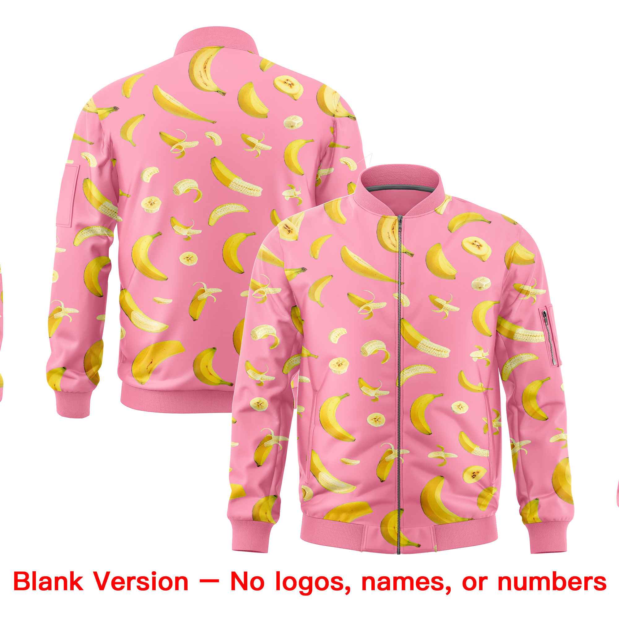 Custom Light Pink Varsity Full-Zip Banana Pattern Letterman Bomber Jacket | Graffiti Pattern | Embroidery&Dye-sublimation printing | KXKSHOP