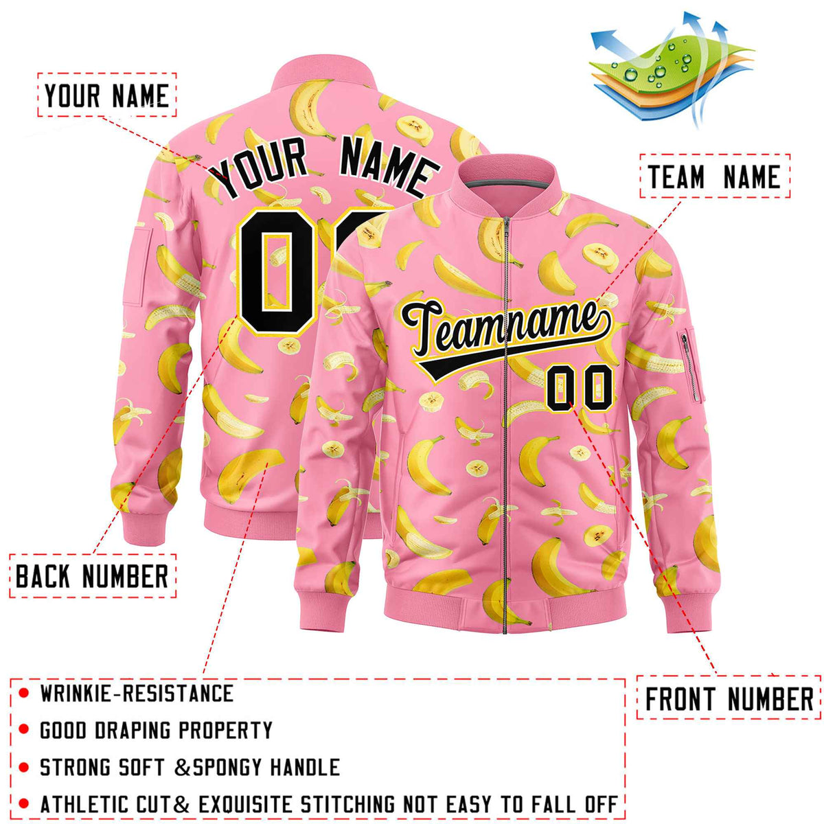 Custom Light Pink Varsity Full-Zip Banana Pattern Letterman Bomber Jacket | Graffiti Pattern | Embroidery&amp;Dye-sublimation printing | KXKSHOP