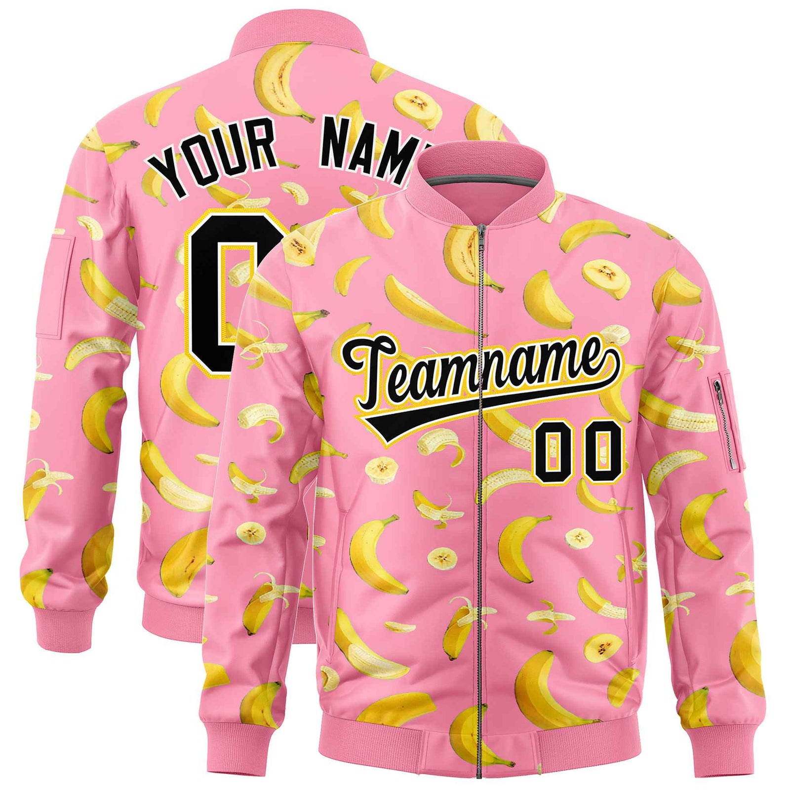 Custom Light Pink Varsity Full-Zip Banana Pattern Letterman Bomber Jacket | Graffiti Pattern | Embroidery&Dye-sublimation printing | KXKSHOP
