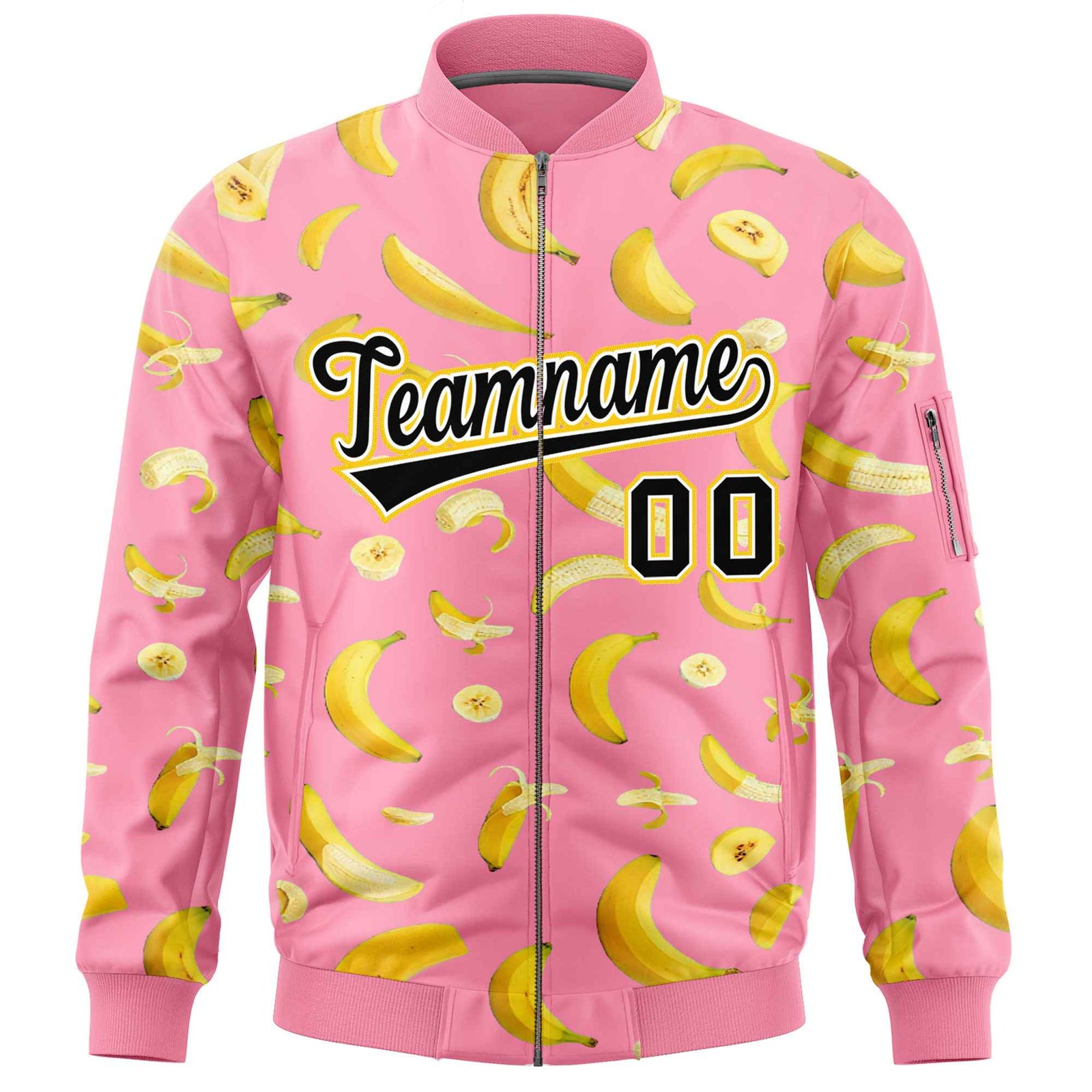 Custom Light Pink Varsity Full-Zip Banana Pattern Letterman Bomber Jacket | Graffiti Pattern | Embroidery&Dye-sublimation printing | KXKSHOP