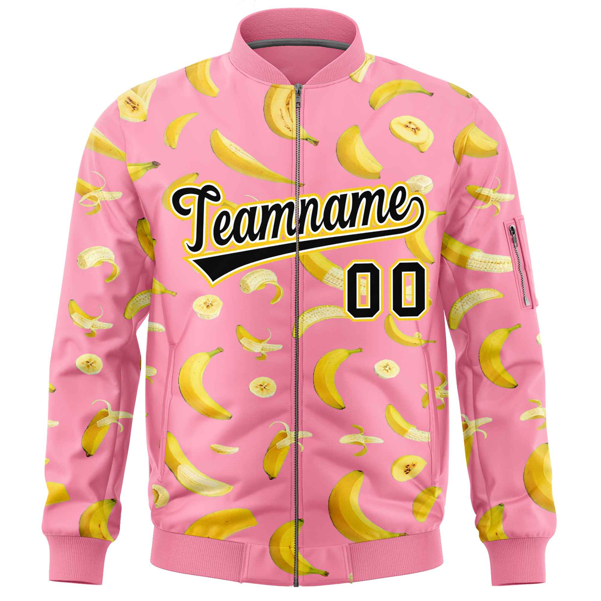 Custom Light Pink Varsity Full-Zip Banana Pattern Letterman Bomber Jacket | Graffiti Pattern | Embroidery&Dye-sublimation printing | KXKSHOP