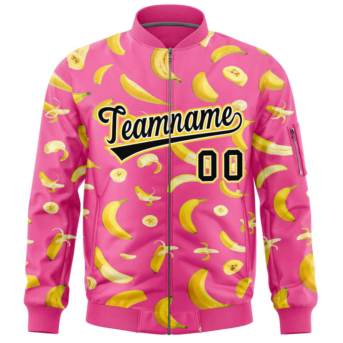 Custom Pink Varsity Full-Zip Banana Pattern Letterman Bomber Jacket | Graffiti Pattern | Embroidery&amp;Dye-sublimation printing | KXKSHOP