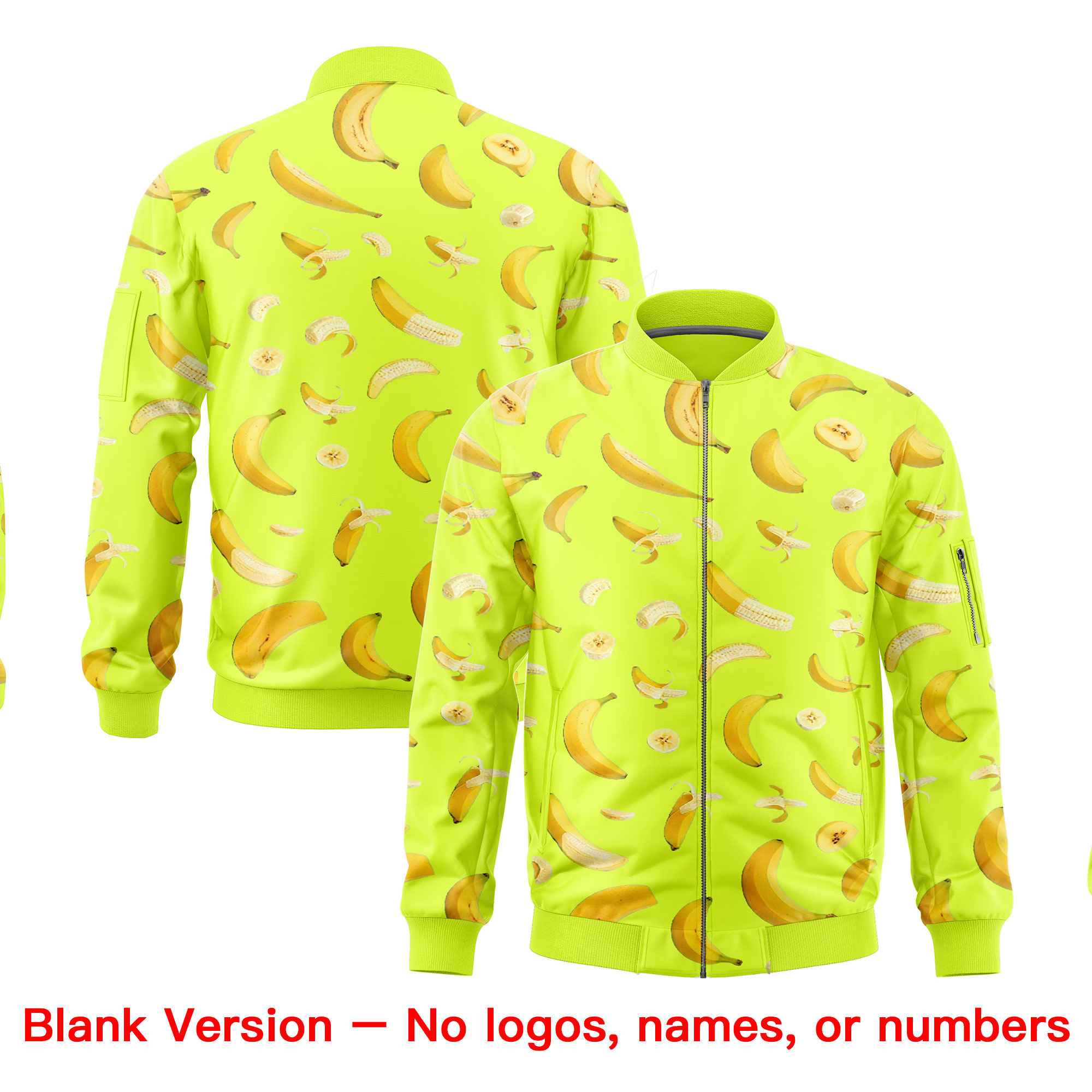 Custom Fluorescent Green Varsity Full-Zip Banana Pattern Letterman Bomber Jacket | Graffiti Pattern | Embroidery&Dye-sublimation printing | KXKSHOP