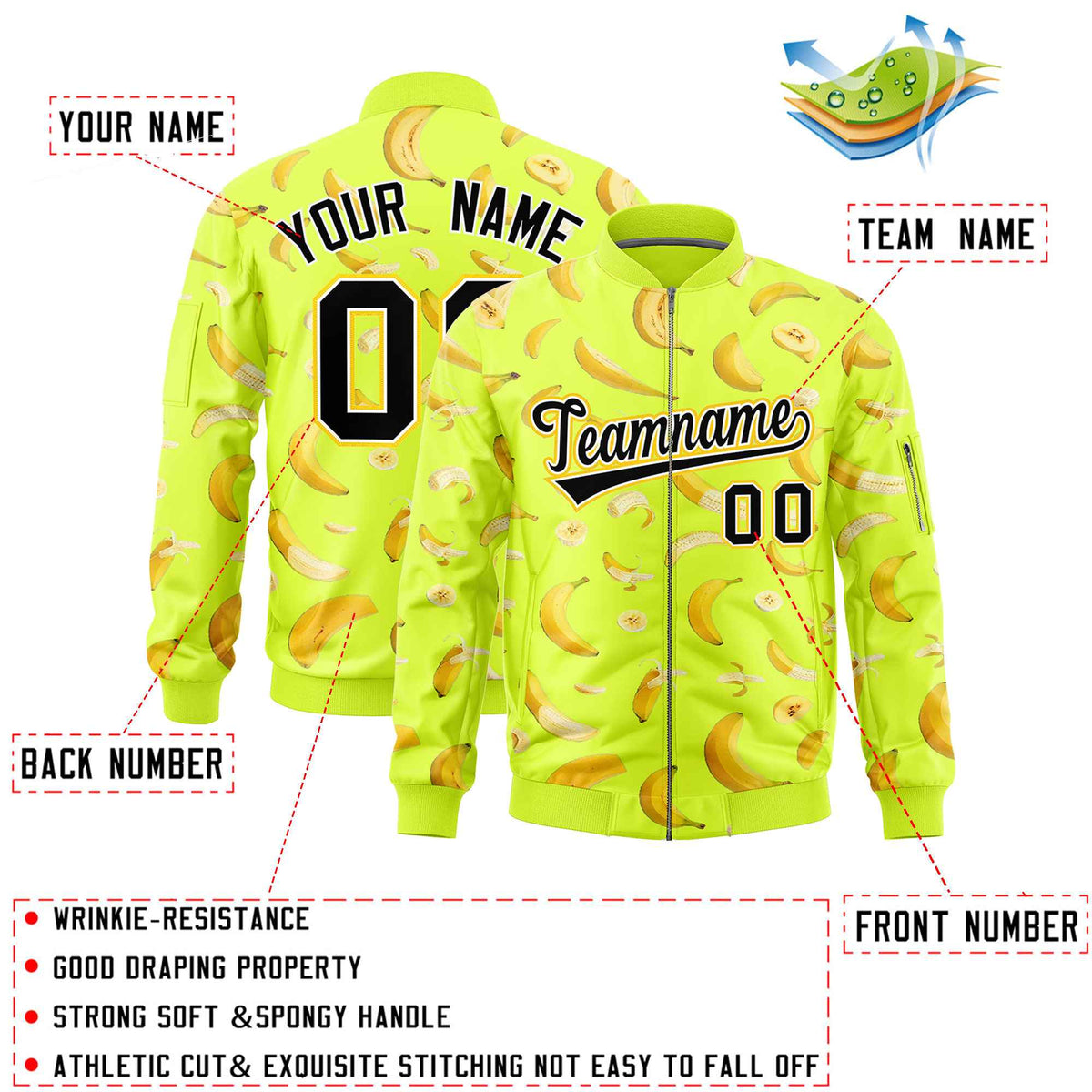 Custom Fluorescent Green Varsity Full-Zip Banana Pattern Letterman Bomber Jacket | Graffiti Pattern | Embroidery&amp;Dye-sublimation printing | KXKSHOP