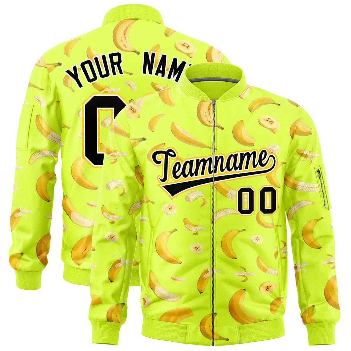 Custom Fluorescent Green Varsity Full-Zip Banana Pattern Letterman Bomber Jacket | Graffiti Pattern | Embroidery&amp;Dye-sublimation printing | KXKSHOP