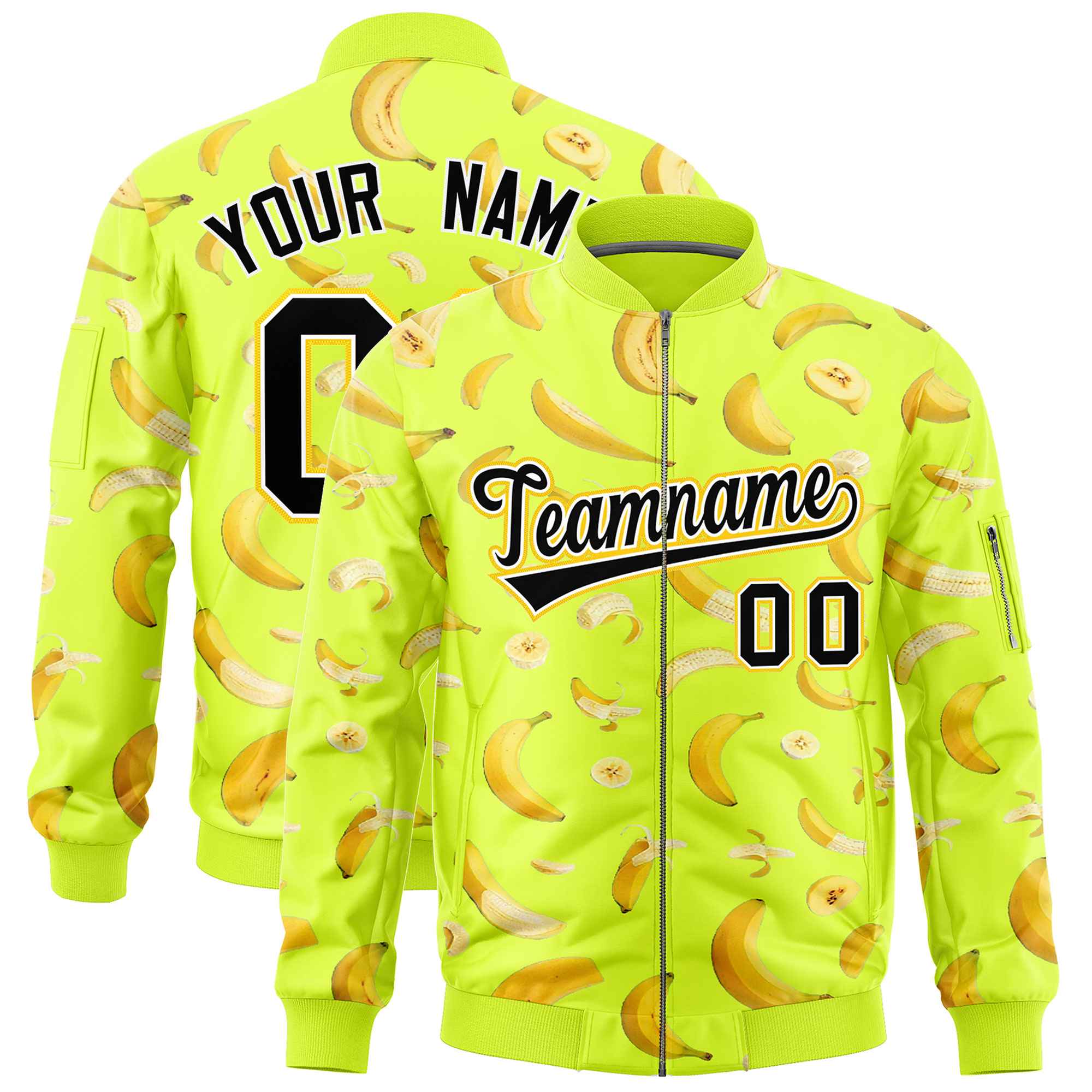 Custom Fluorescent Green Varsity Full-Zip Banana Pattern Letterman Bomber Jacket | Graffiti Pattern | Embroidery&Dye-sublimation printing | KXKSHOP