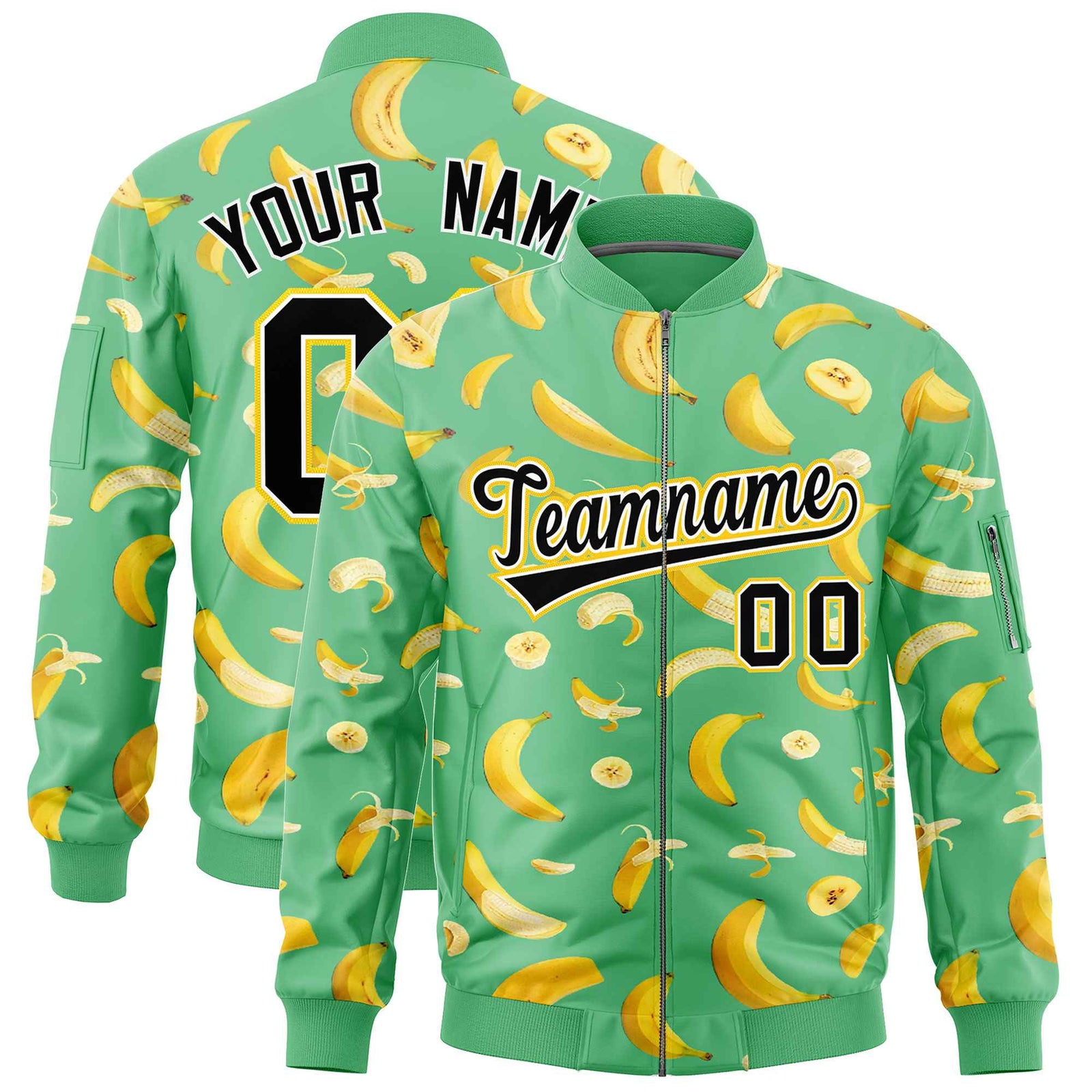 Custom Neon Green Varsity Full-Zip Banana Pattern Letterman Bomber Jacket | Graffiti Pattern | Embroidery&Dye-sublimation printing | KXKSHOP