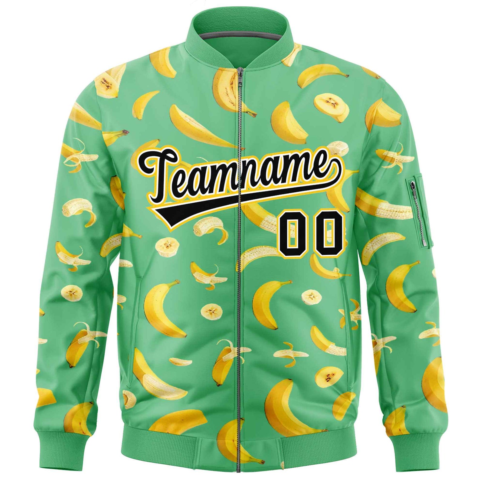Custom Neon Green Varsity Full-Zip Banana Pattern Letterman Bomber Jacket | Graffiti Pattern | Embroidery&Dye-sublimation printing | KXKSHOP