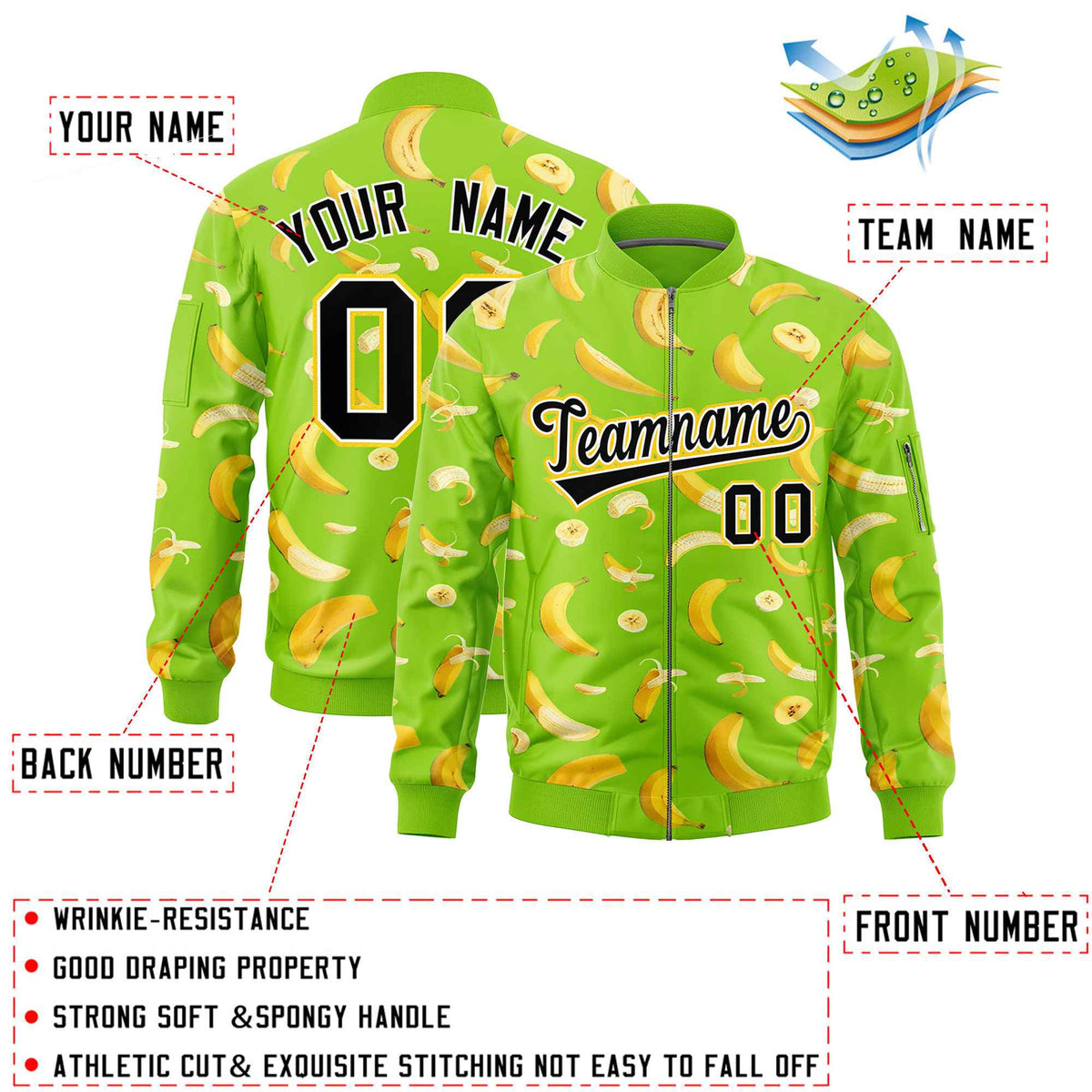 Custom Neon Green Varsity Full-Zip Banana Pattern Letterman Bomber Jacket | Graffiti Pattern | Embroidery&amp;Dye-sublimation printing | KXKSHOP