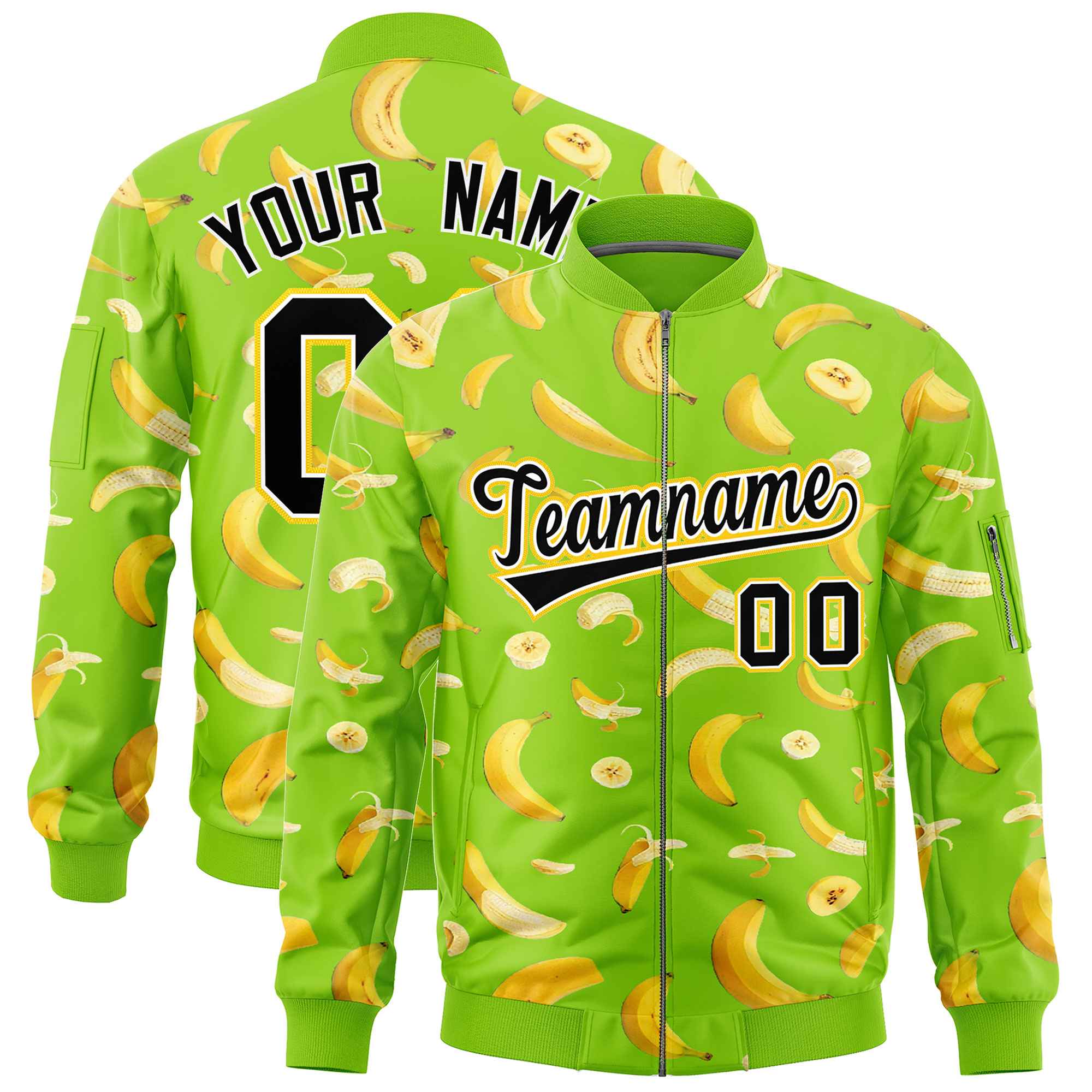 Custom Neon Green Varsity Full-Zip Banana Pattern Letterman Bomber Jacket | Graffiti Pattern | Embroidery&Dye-sublimation printing | KXKSHOP