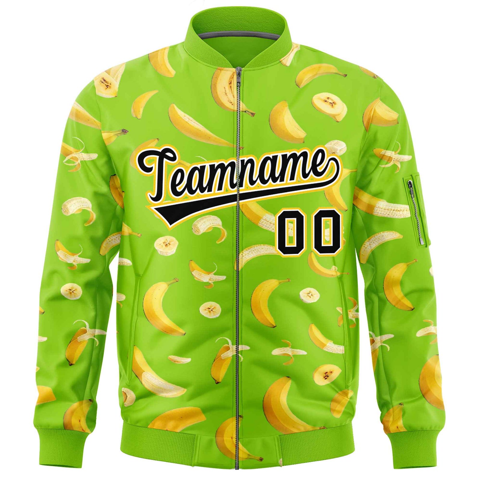 Custom Neon Green Varsity Full-Zip Banana Pattern Letterman Bomber Jacket | Graffiti Pattern | Embroidery&Dye-sublimation printing | KXKSHOP