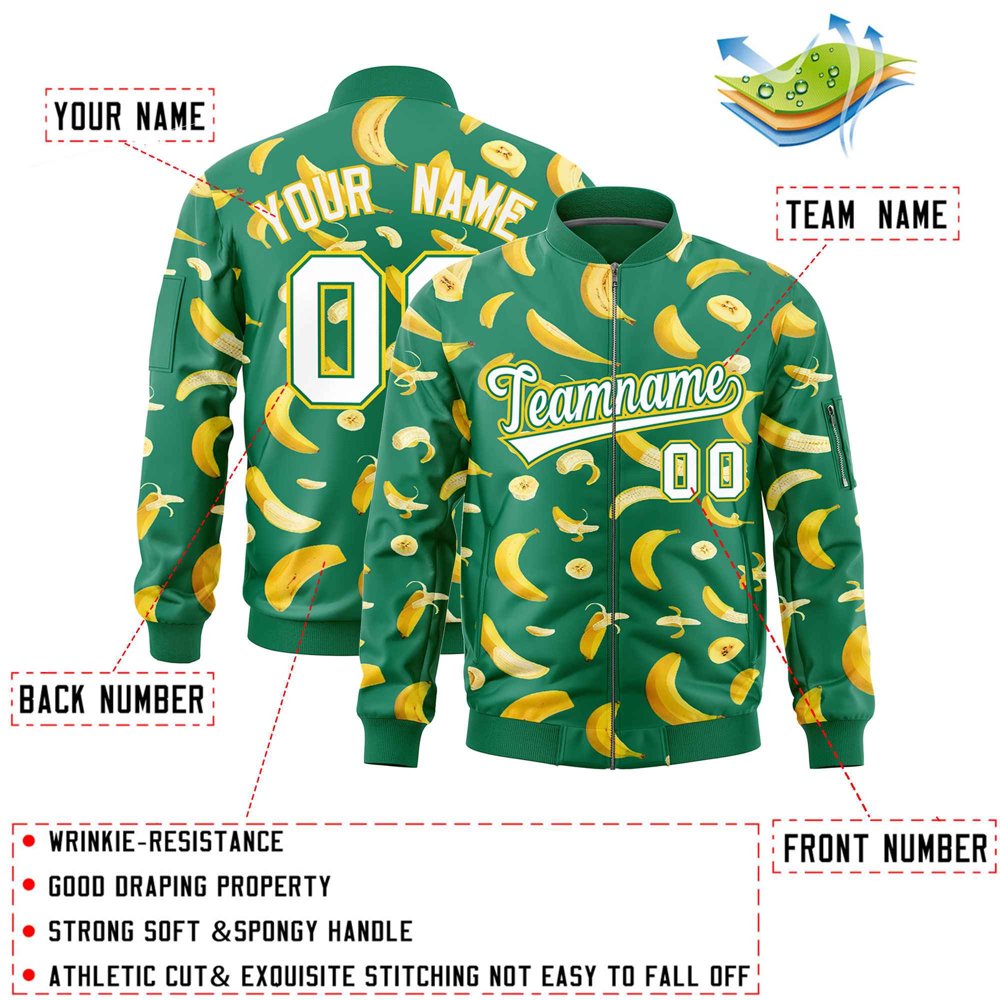 Custom Kelly Green Varsity Full-Zip Banana Pattern Letterman Bomber Jacket | Graffiti Pattern | Embroidery&Dye-sublimation printing | KXKSHOP