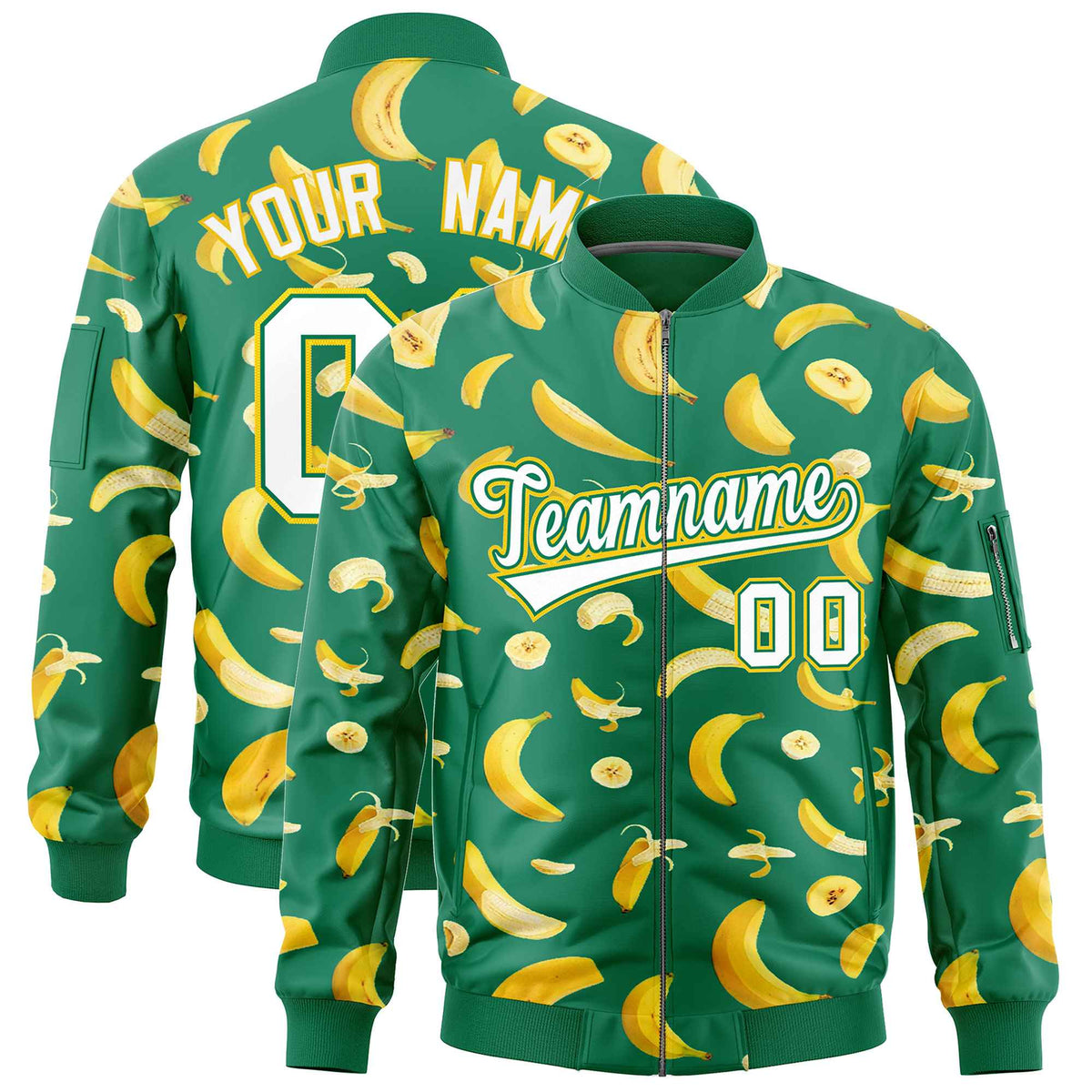 Custom Kelly Green Varsity Full-Zip Banana Pattern Letterman Bomber Jacket | Graffiti Pattern | Embroidery&amp;Dye-sublimation printing | KXKSHOP
