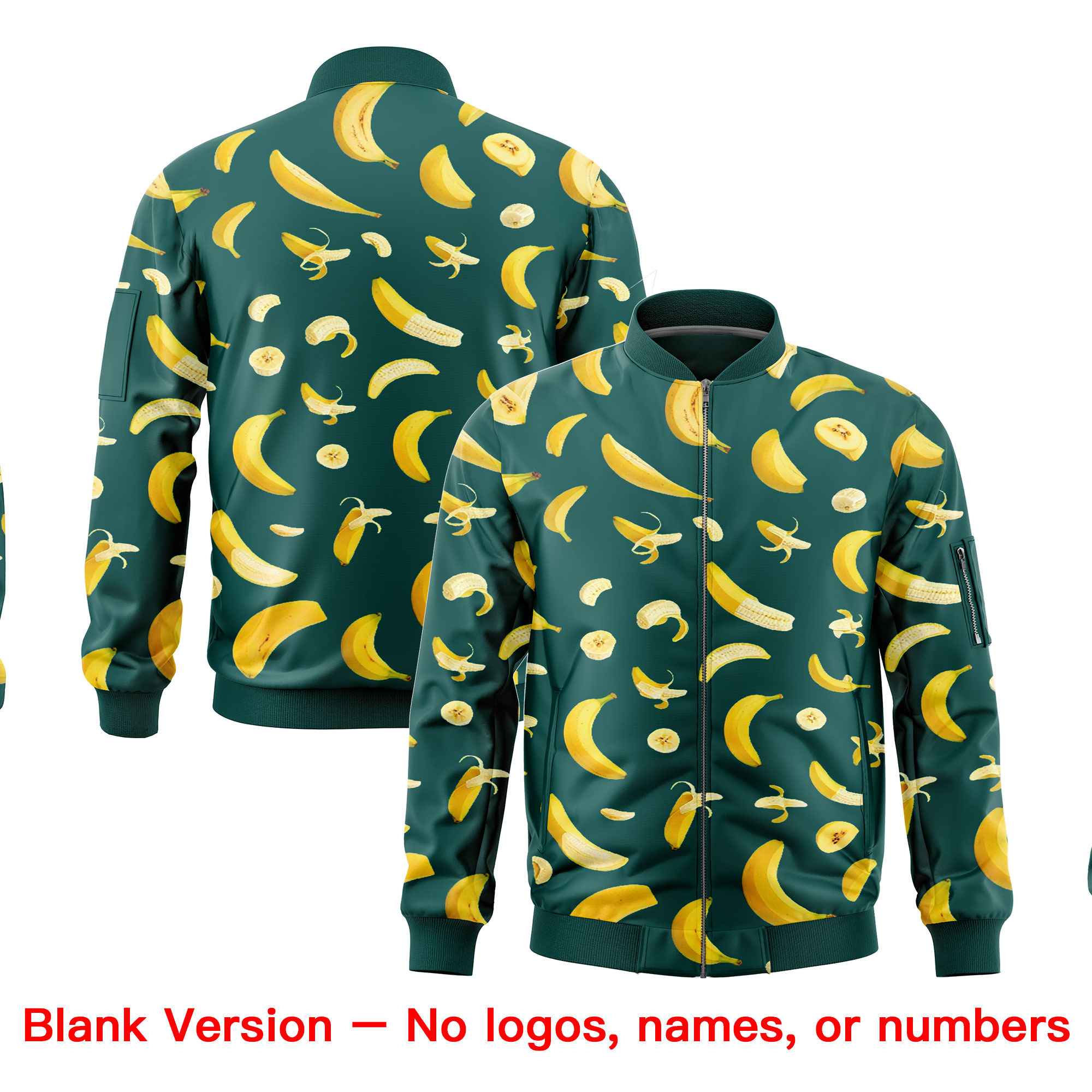 Custom Midnight Green Varsity Full-Zip Banana Pattern Letterman Bomber Jacket | Graffiti Pattern | Embroidery&Dye-sublimation printing | KXKSHOP