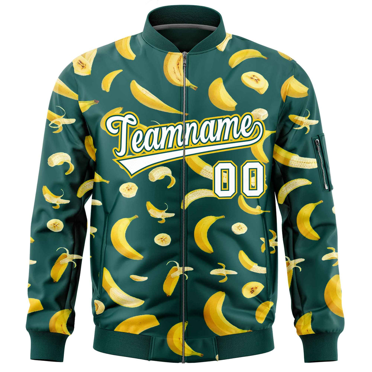 Custom Midnight Green Varsity Full-Zip Banana Pattern Letterman Bomber Jacket | Graffiti Pattern | Embroidery&amp;Dye-sublimation printing | KXKSHOP