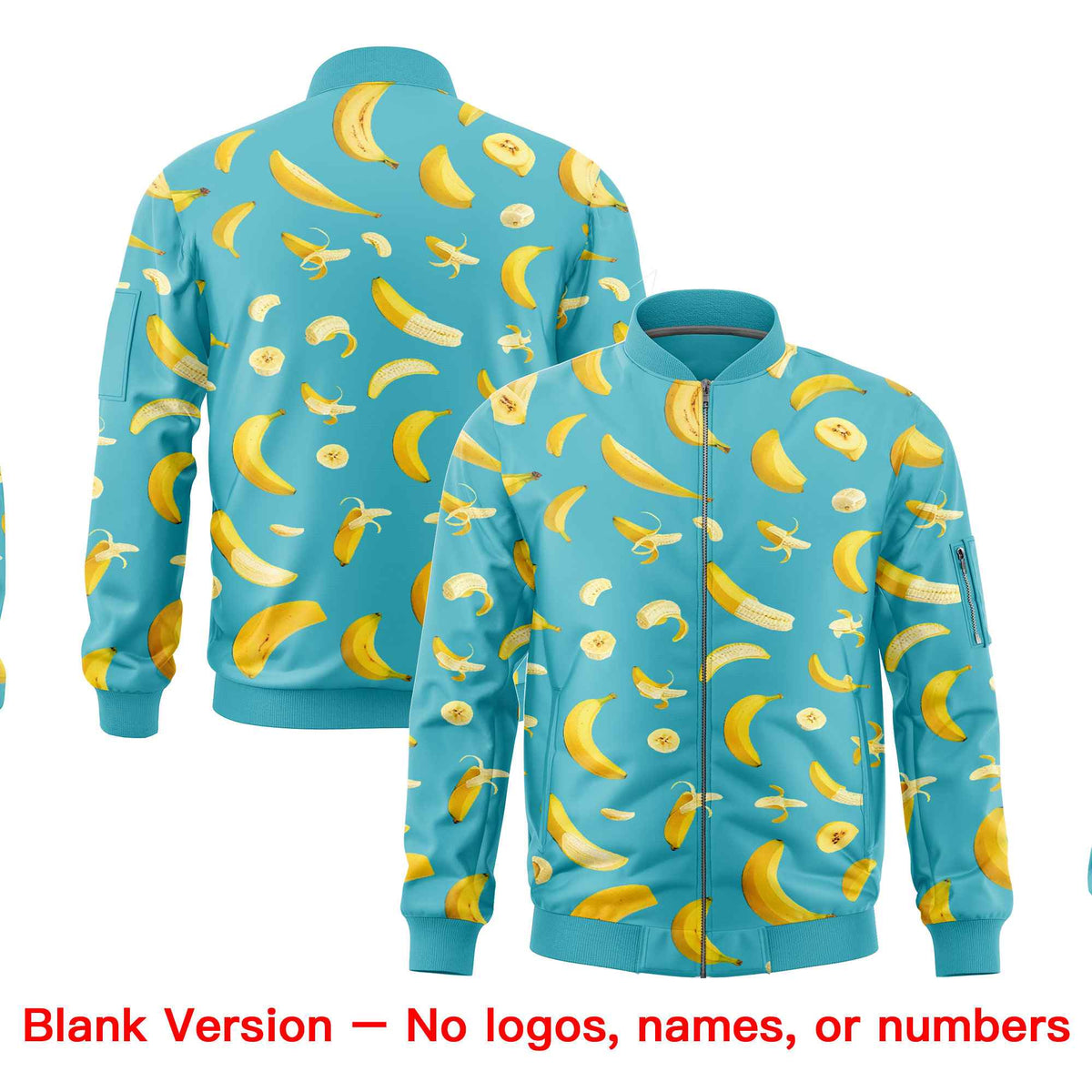 Custom Sky Blue Varsity Full-Zip Banana Pattern Letterman Bomber Jacket | Graffiti Pattern | Embroidery&amp;Dye-sublimation printing | KXKSHOP